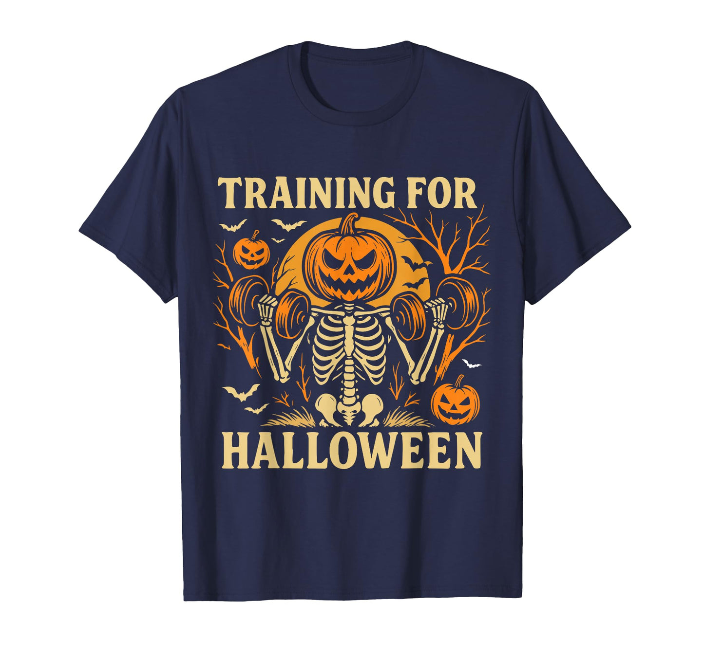 Funny Skeleton Pumpkin Halloween Gym Workout Weight Lifting T-Shirt