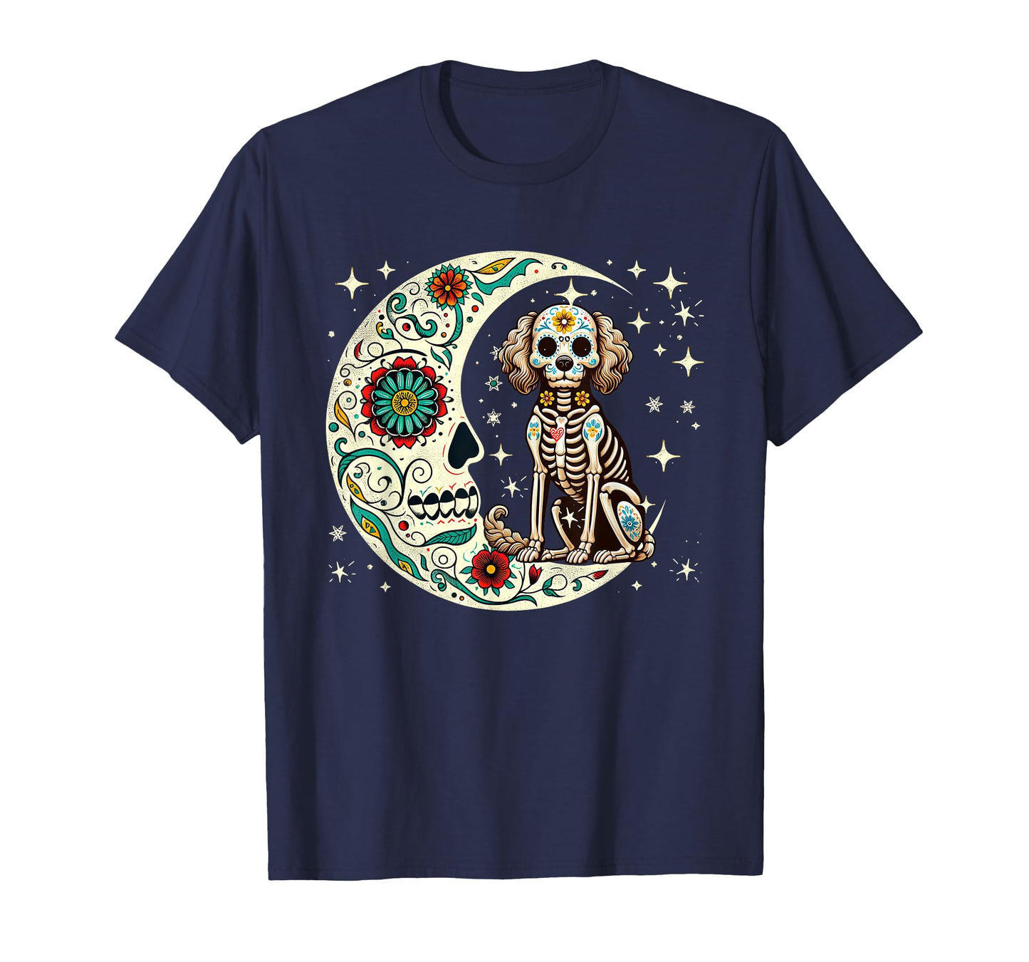 Dia De Los Muertos Halloween Moon Floral Skeleton Sproodle T-Shirt