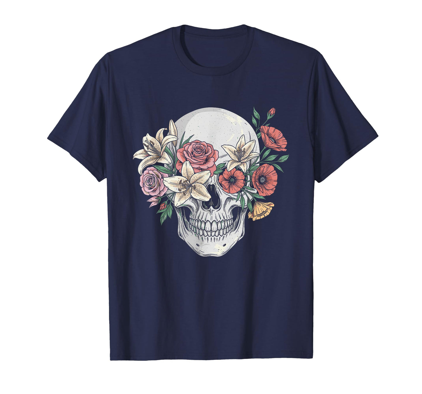 Realistic Skeleton Skull with Flowers Halloween T-Shirt
