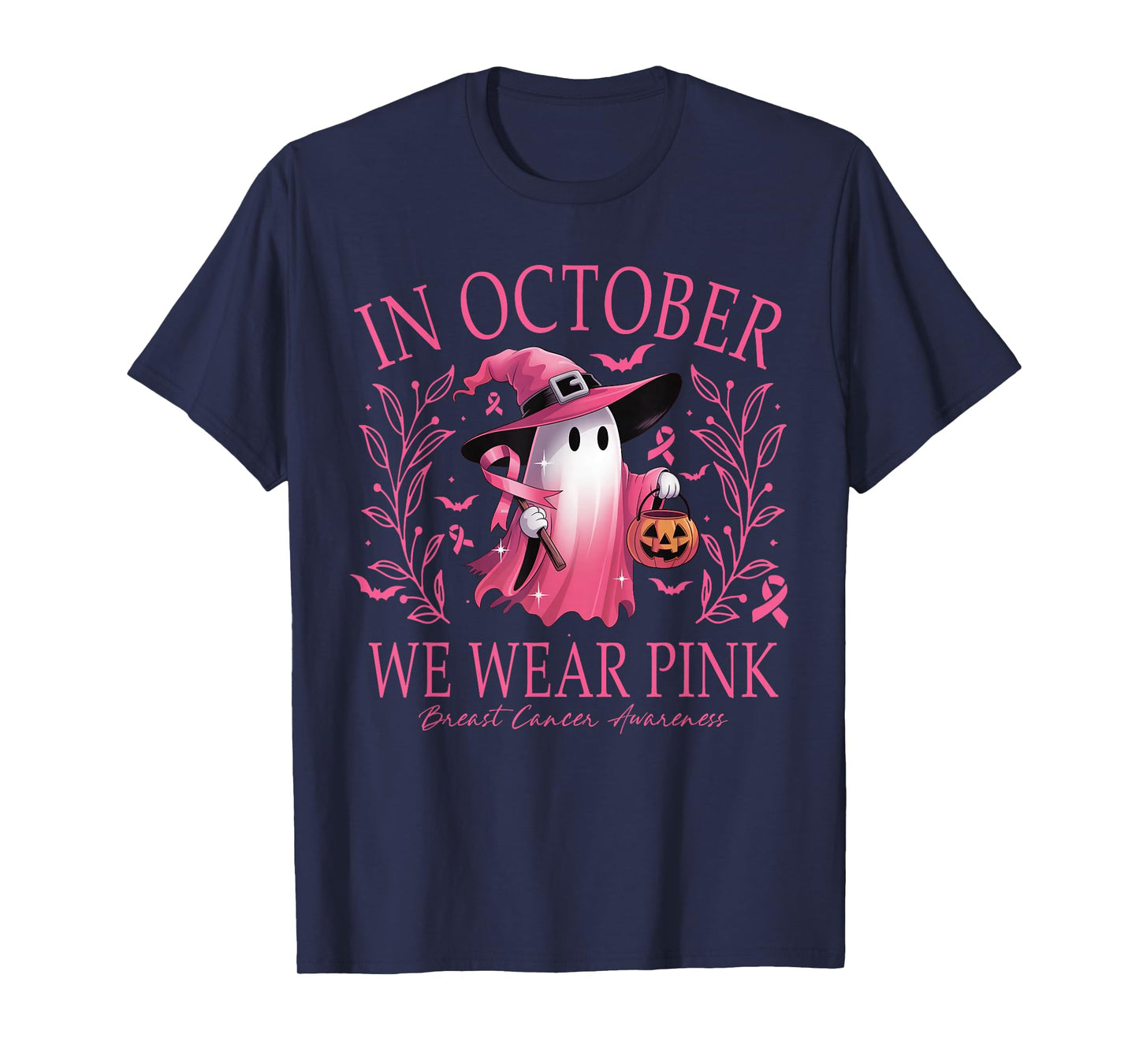 in October We Wear Pink Retro Halloween Pink Ghost T-Shirt