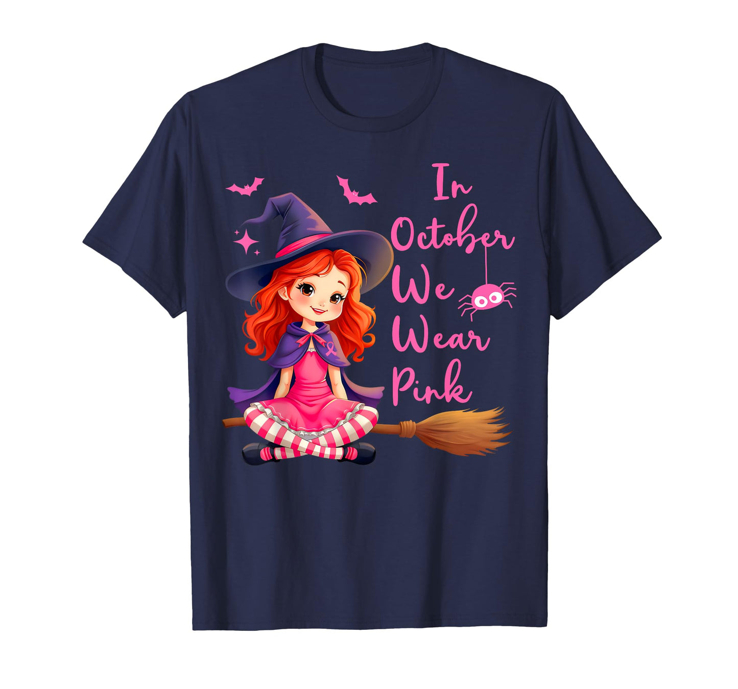 In October We Wear Pink Witch broom Breast Cancer Halloween T-Shirt