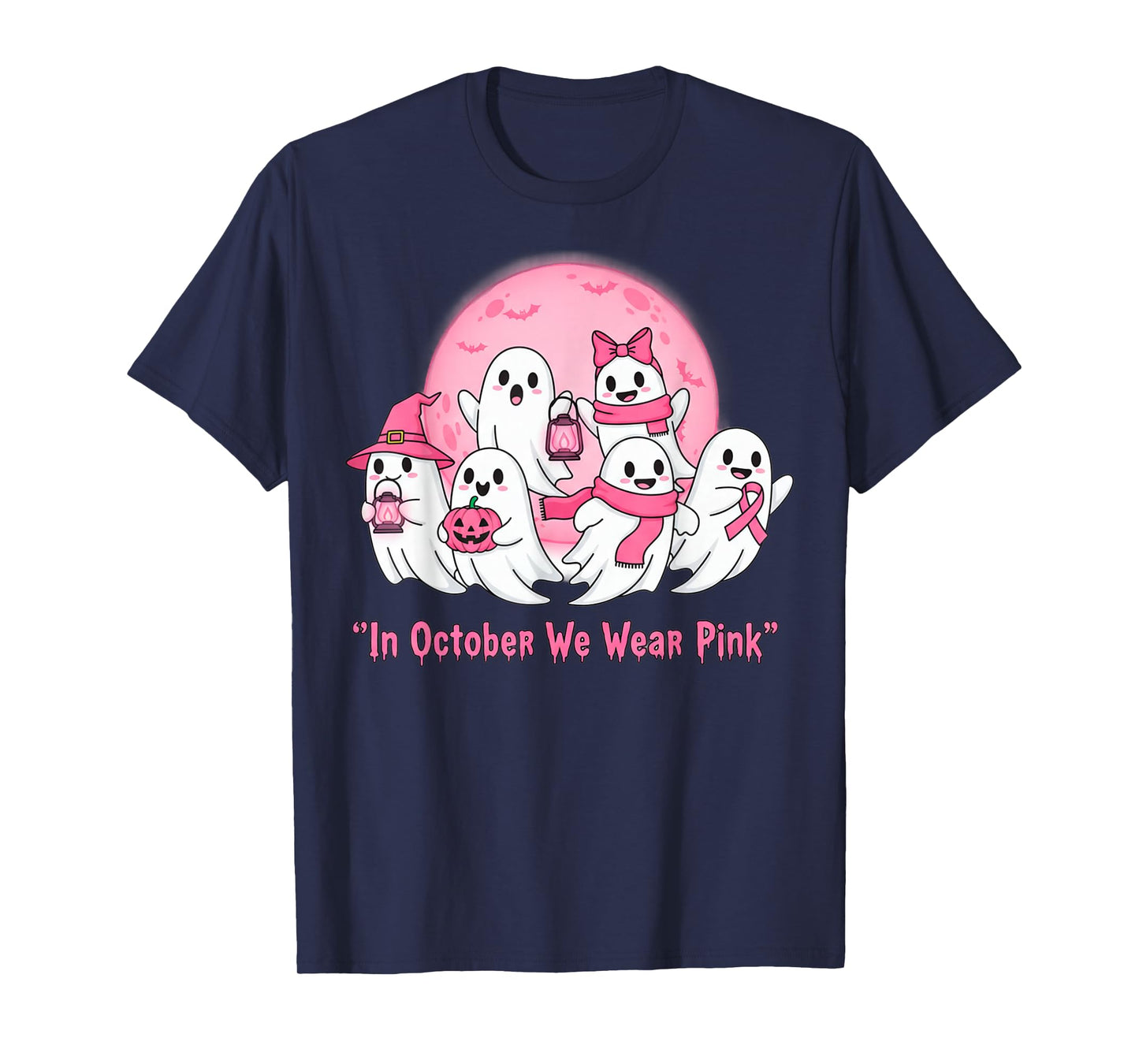 October We Wear Pink Ghosts Halloween Breast Cancer Women T-Shirt