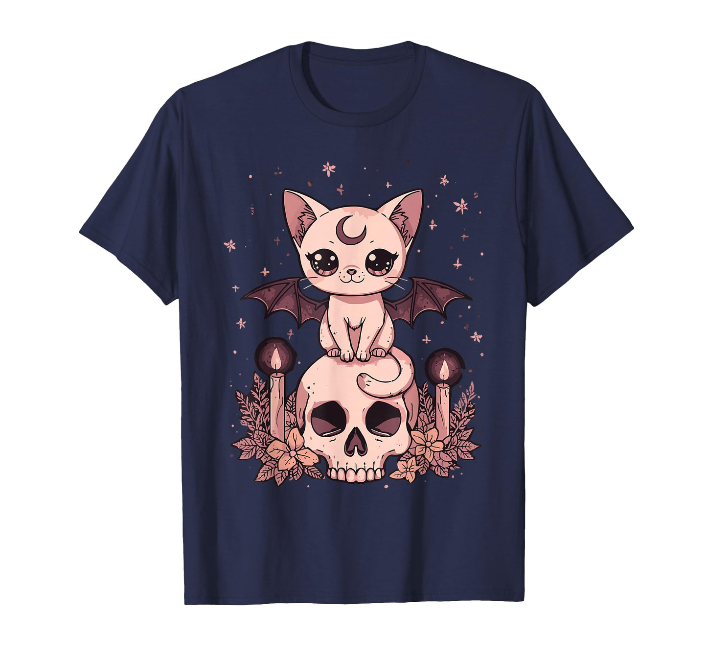 Cute Pink Bat Cat Sitting On Skull Skeleton Candles Design T-Shirt