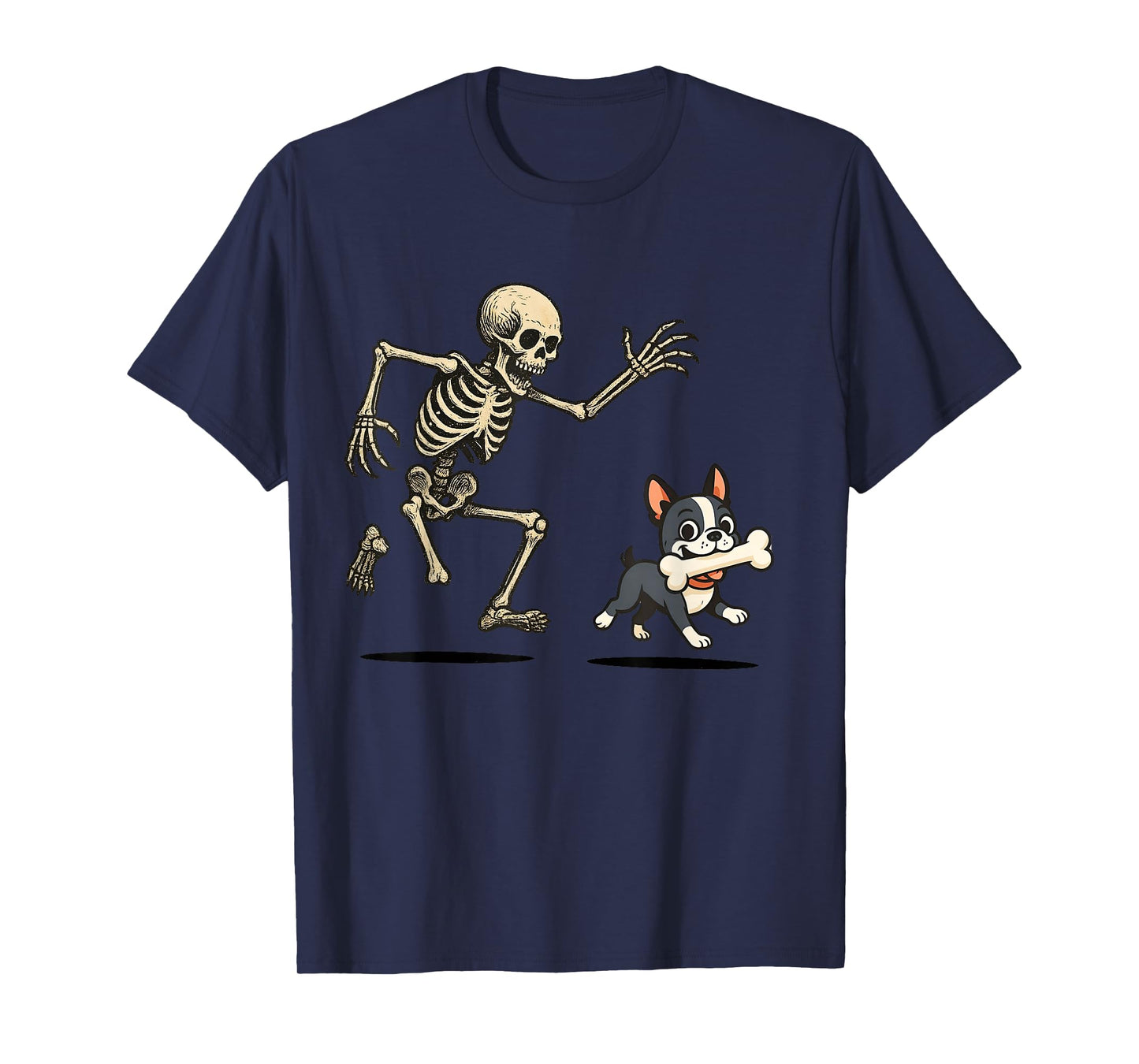 Skeleton Chasing Dog Boston Terrier Halloween Mom Pet Lover T-Shirt