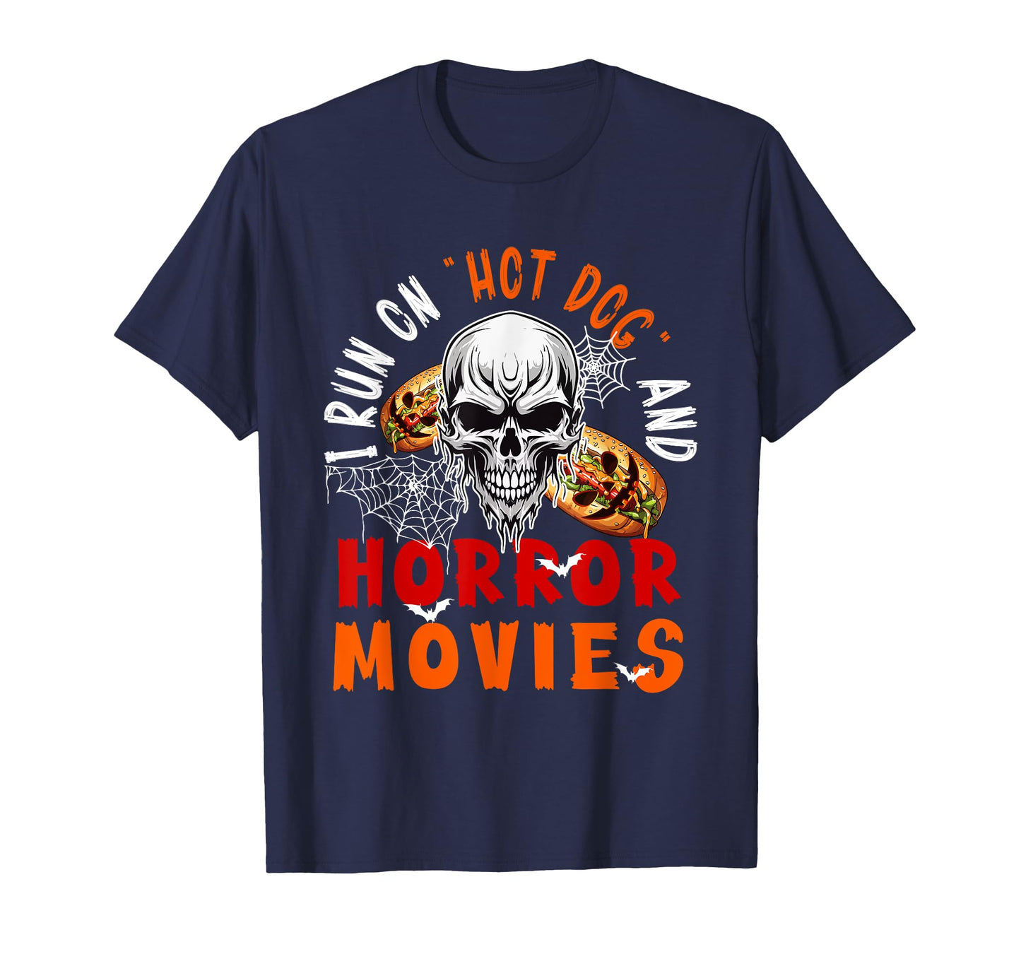 Running On Hot Dog and Horror Movies Halloween Horror Skull T-Shirt