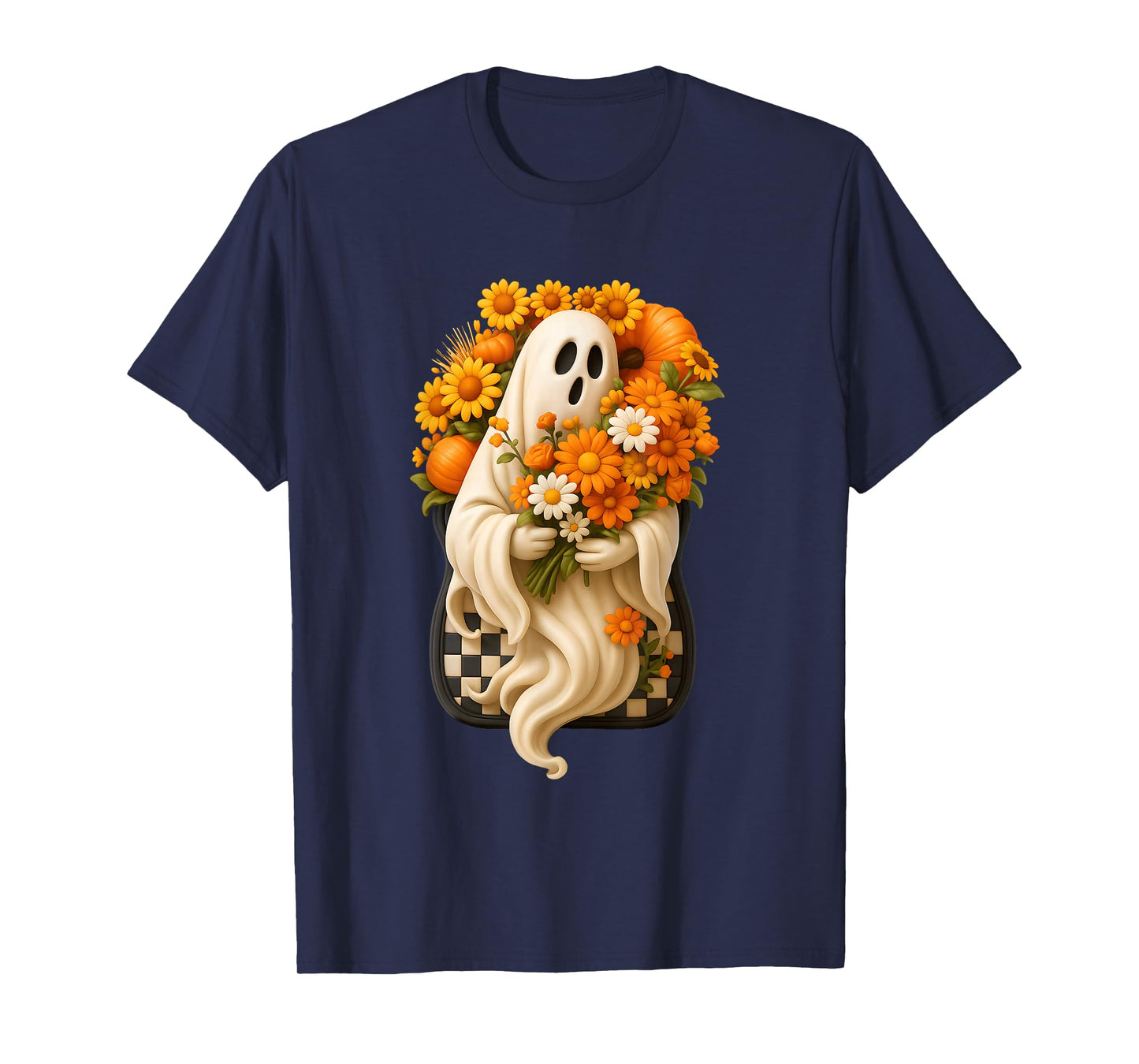 Retro Fall Skeleton Holding Flowers Pumpkin Halloween Season T-Shirt