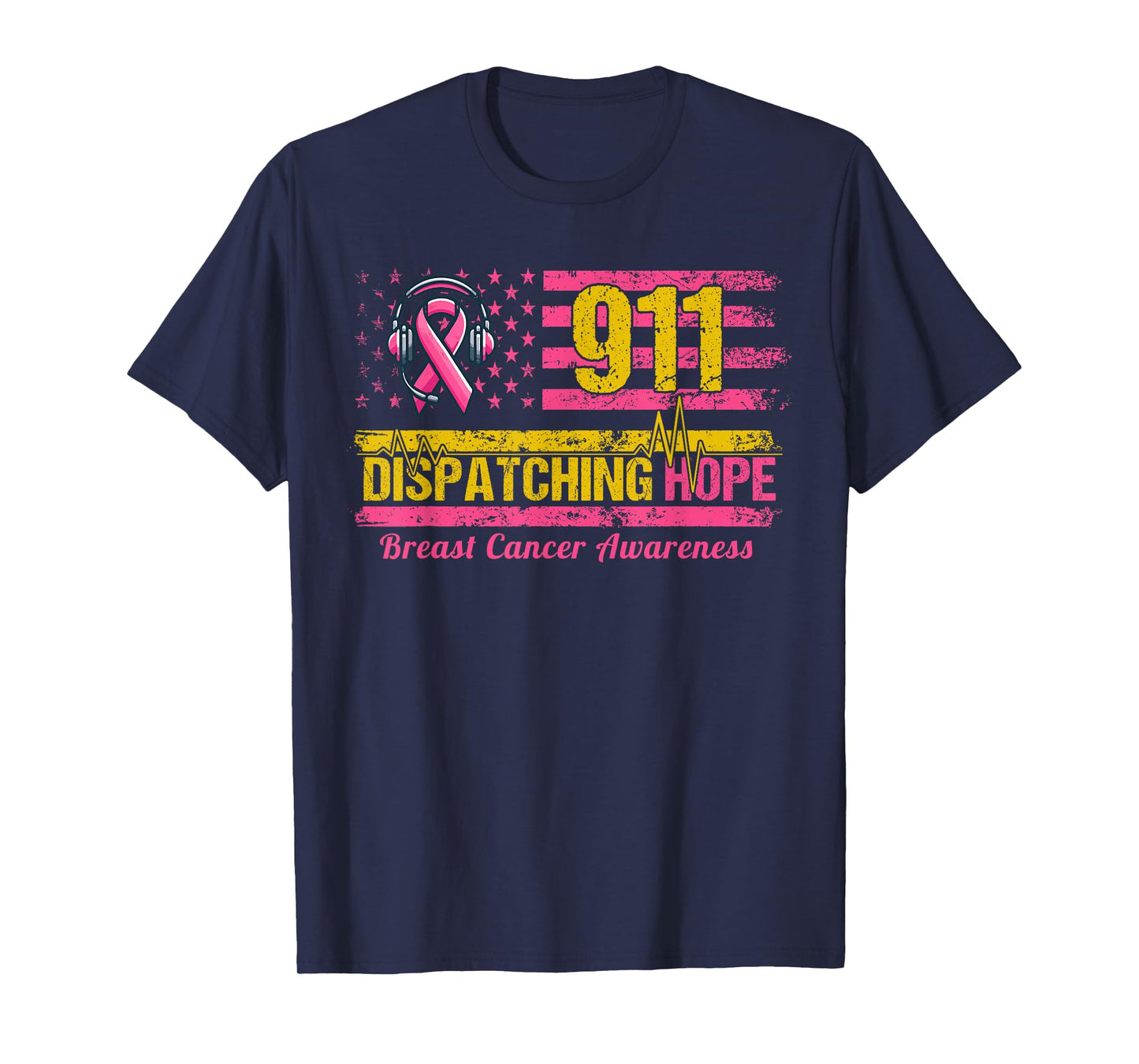 911 Dispatcher Breast Cancer Awareness American Flag T-Shirt