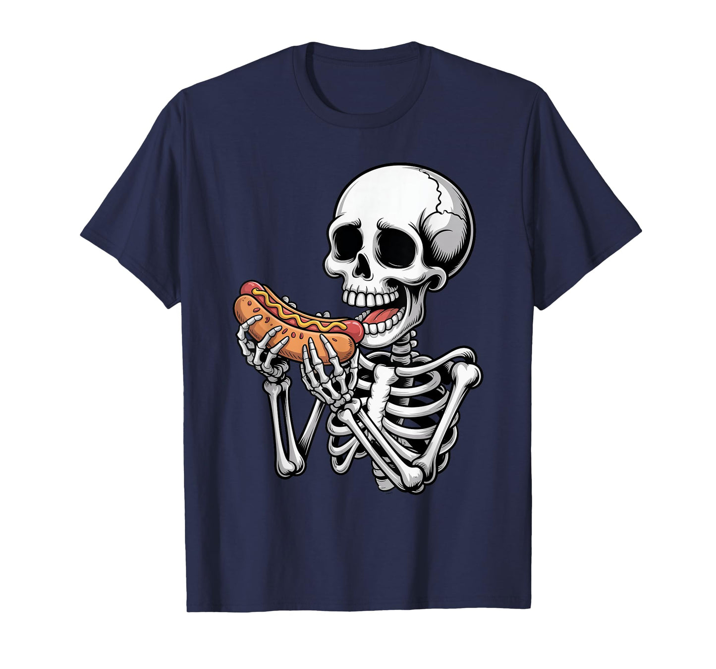 Skeleton Eating Hot Dog Halloween Spooky Season Mens Womens T-Shirt