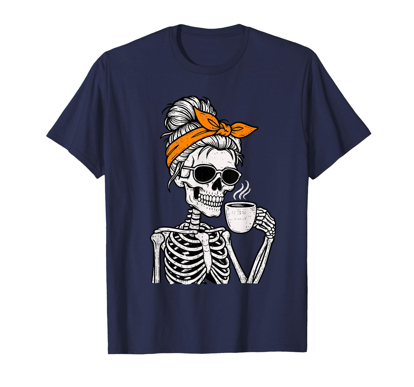 Skeleton Messy Bun Drinking Coffee Halloween Costume Womens T-Shirt