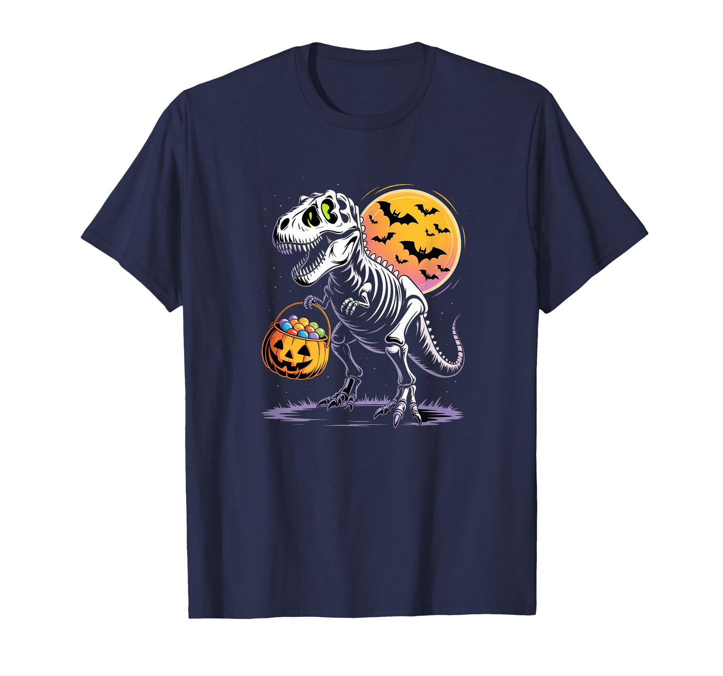 T-Rex Skeleton Haloween Night Pumpkin Bucket Bats Moon Fun T-Shirt