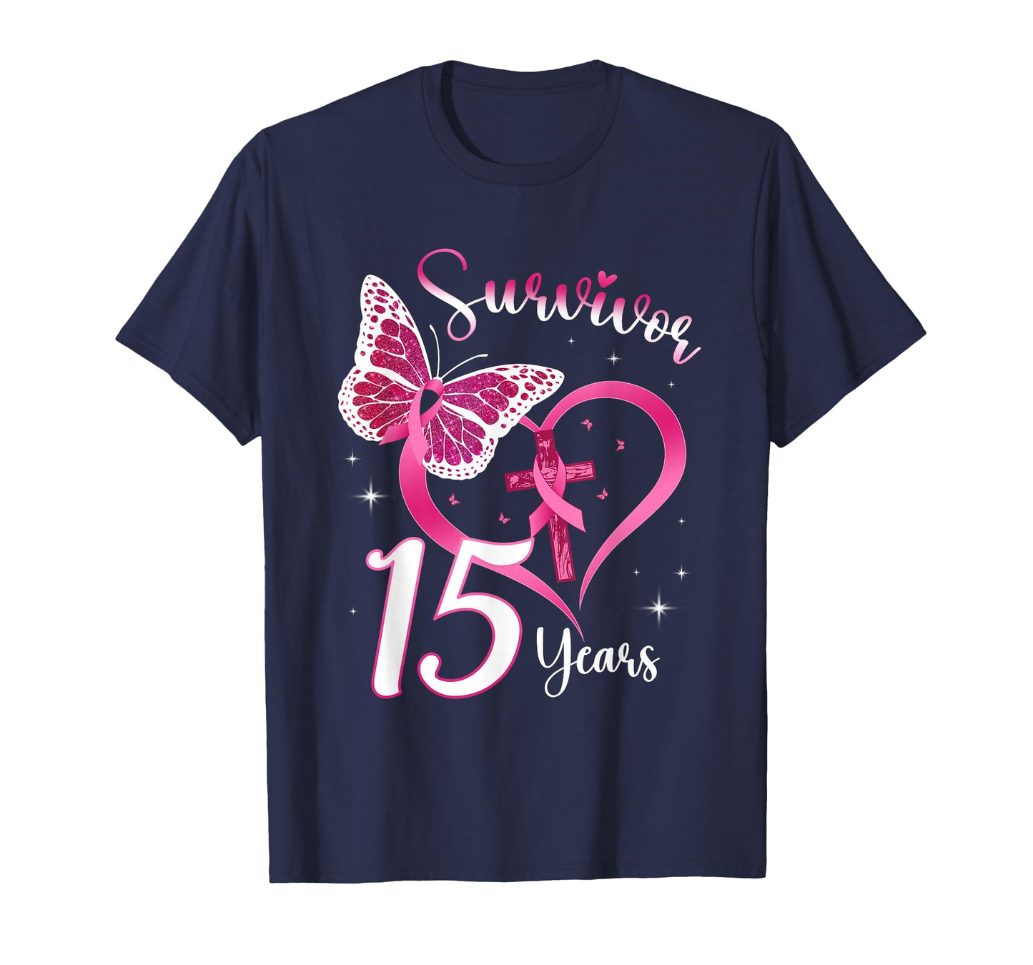 Breast Cancer Survivor Pink Ribbon Butterfly 15 Years Gift T-Shirt