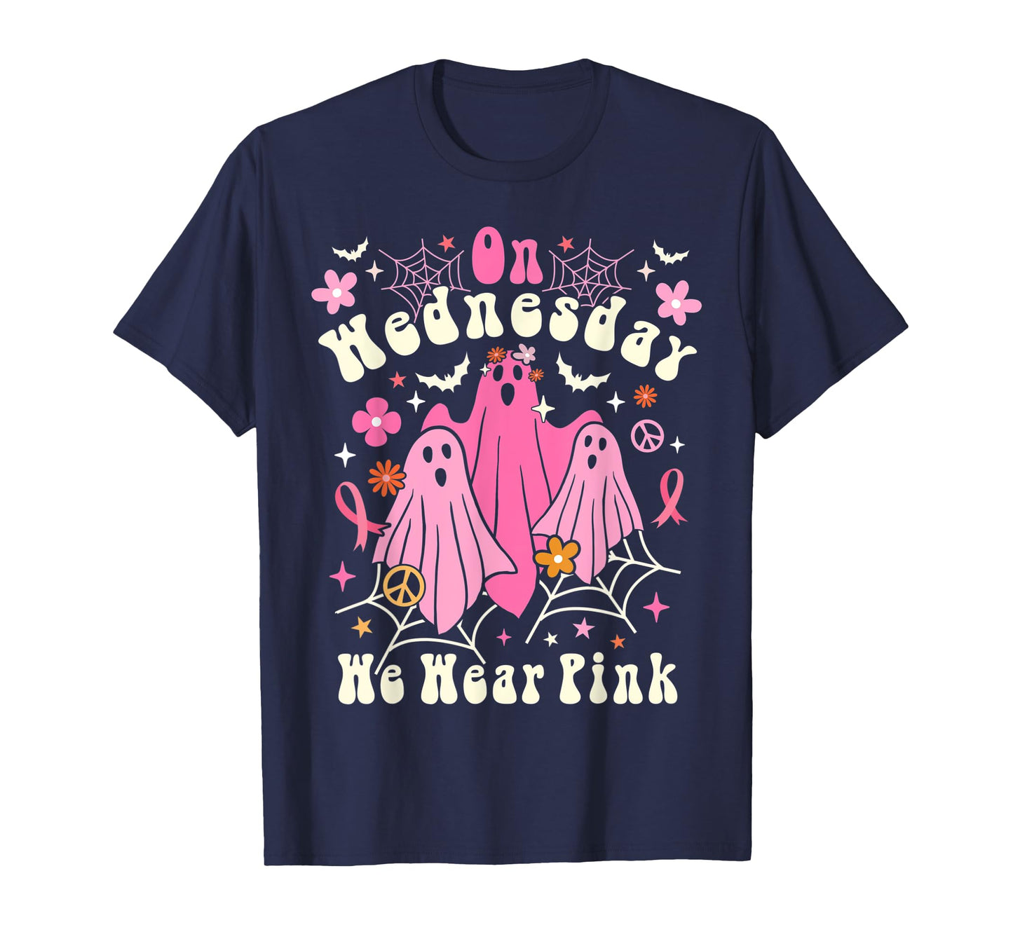 On Wednesday We Wear Pink Ghost Halloween Breast Cancer 2022 T-Shirt
