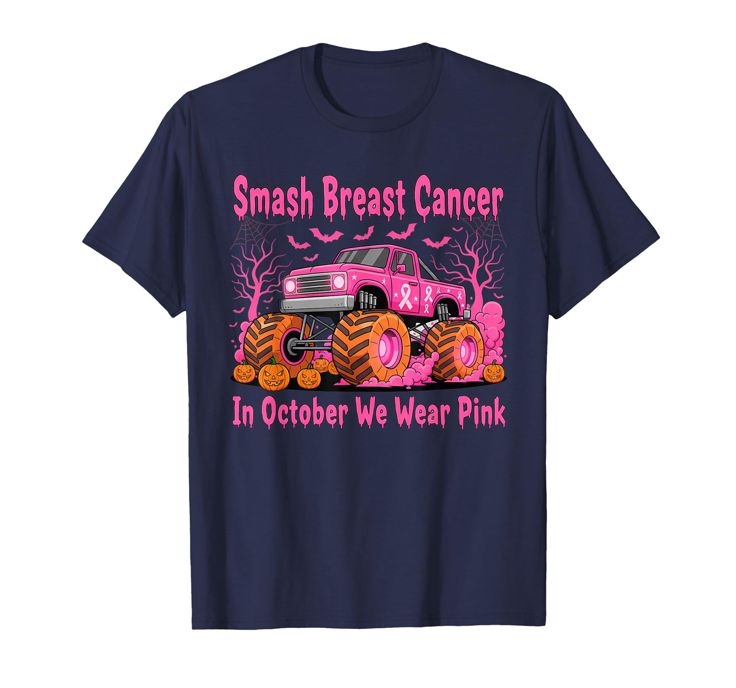 October We Wear Pink Monster Truck Halloween Breast Cancer T-Shirt