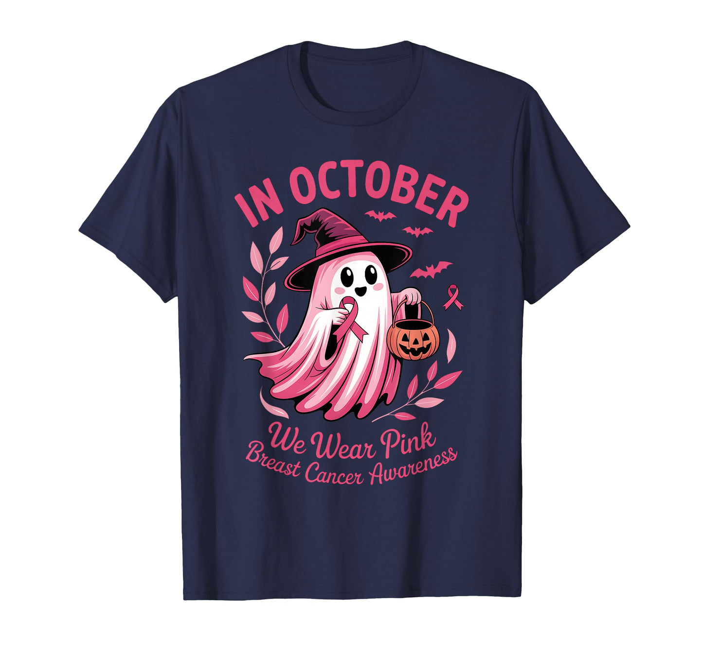 In October We Wear Pink Ribbon Ghost Halloween Breast Cancer T-Shirt