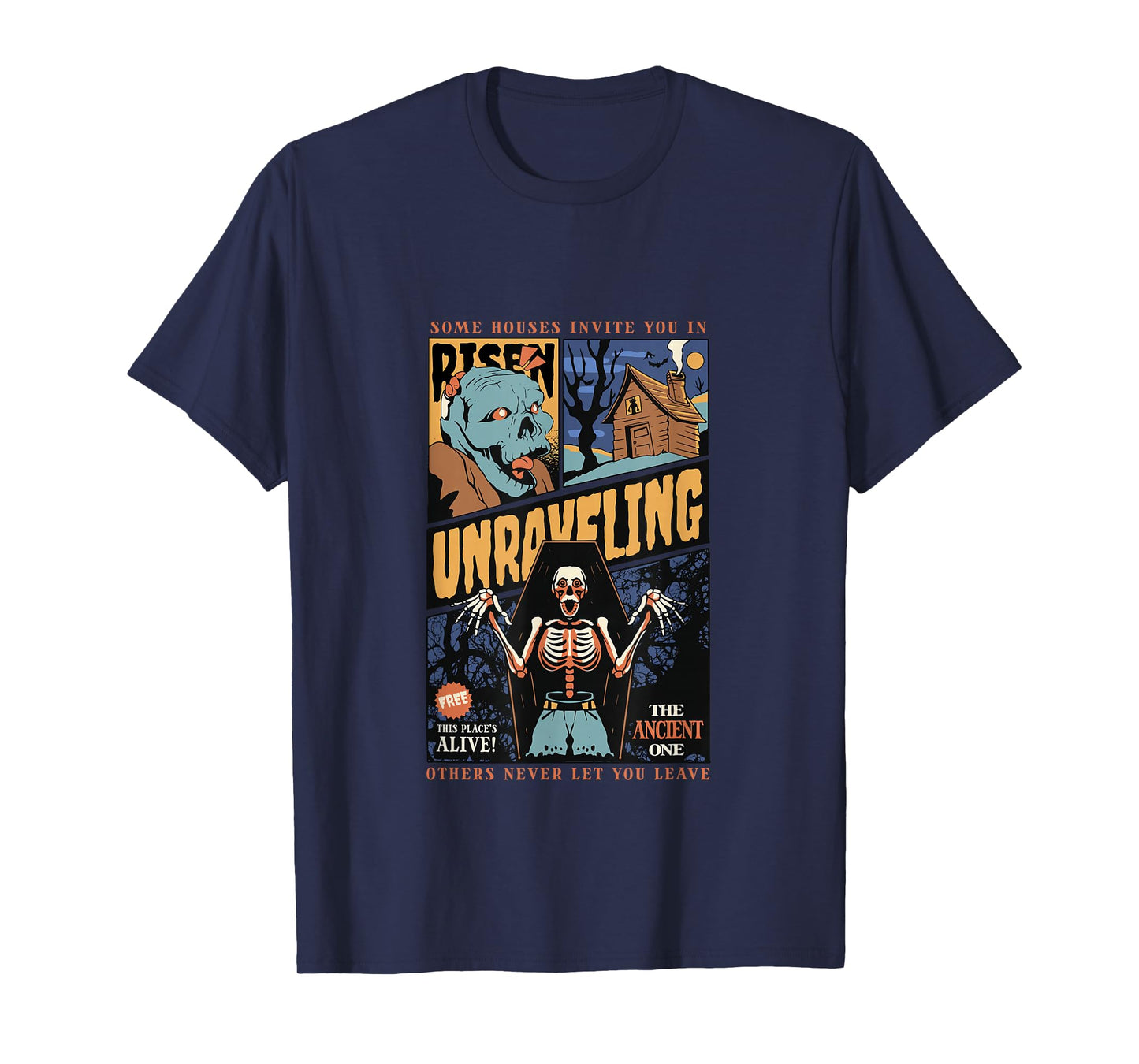 Unraveling Comic Horror Spooky Skeleton Zombie Art T-Shirt