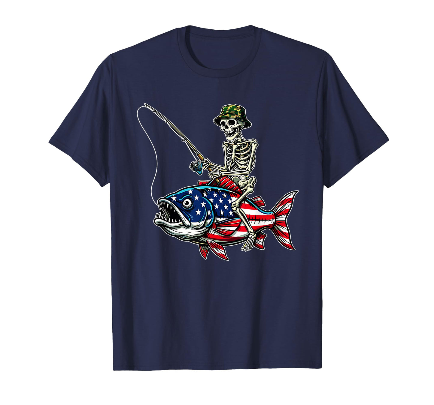 Fishing American Flag Skull Skeleton Patriotic Bass T-Shirt