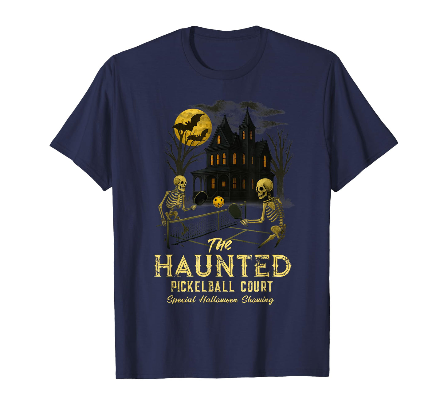 Haunted Pickleball Court Skeleton Halloween T-Shirt