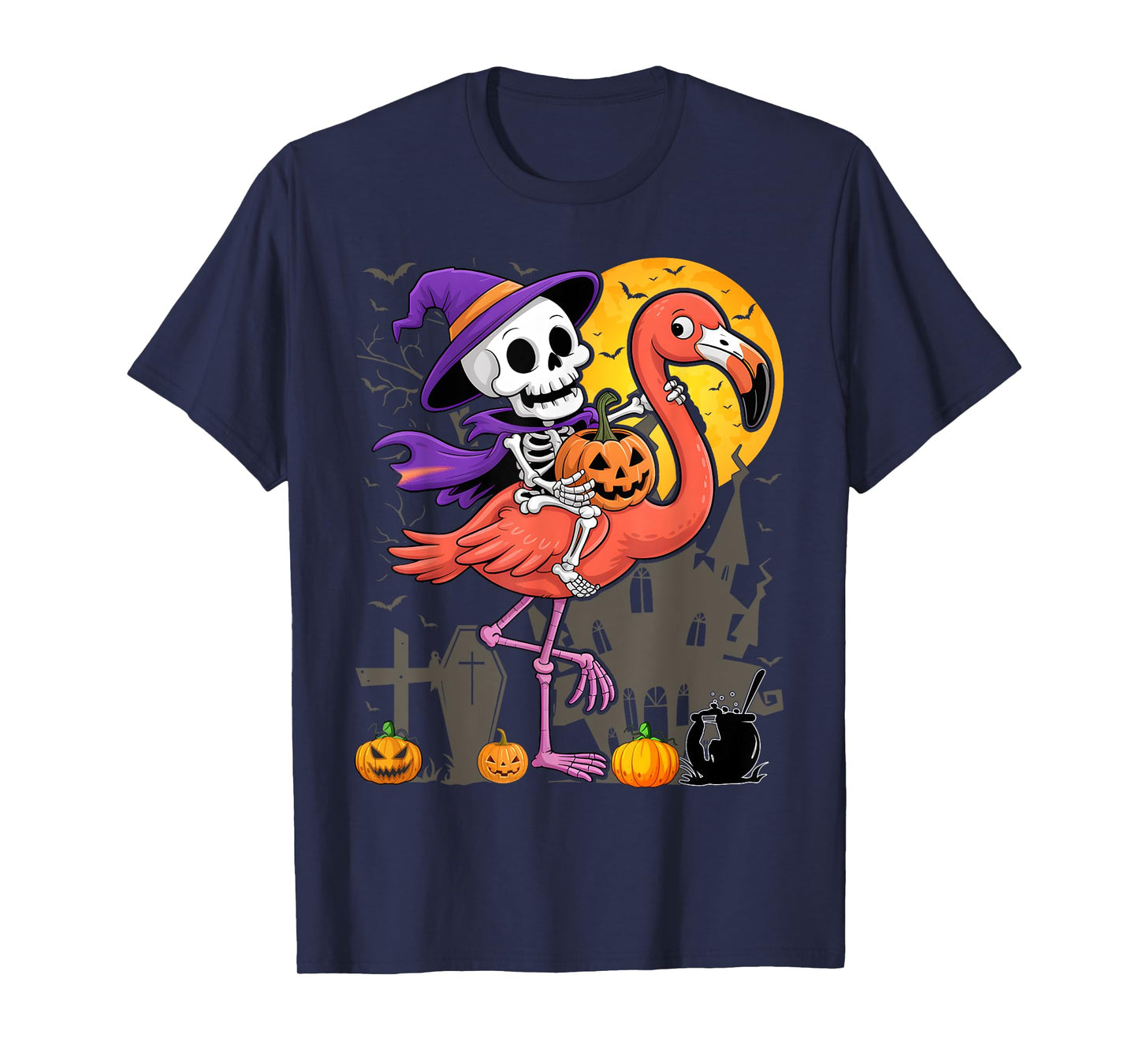 Skeleton Riding Flamingo Funny Halloween T-Shirt