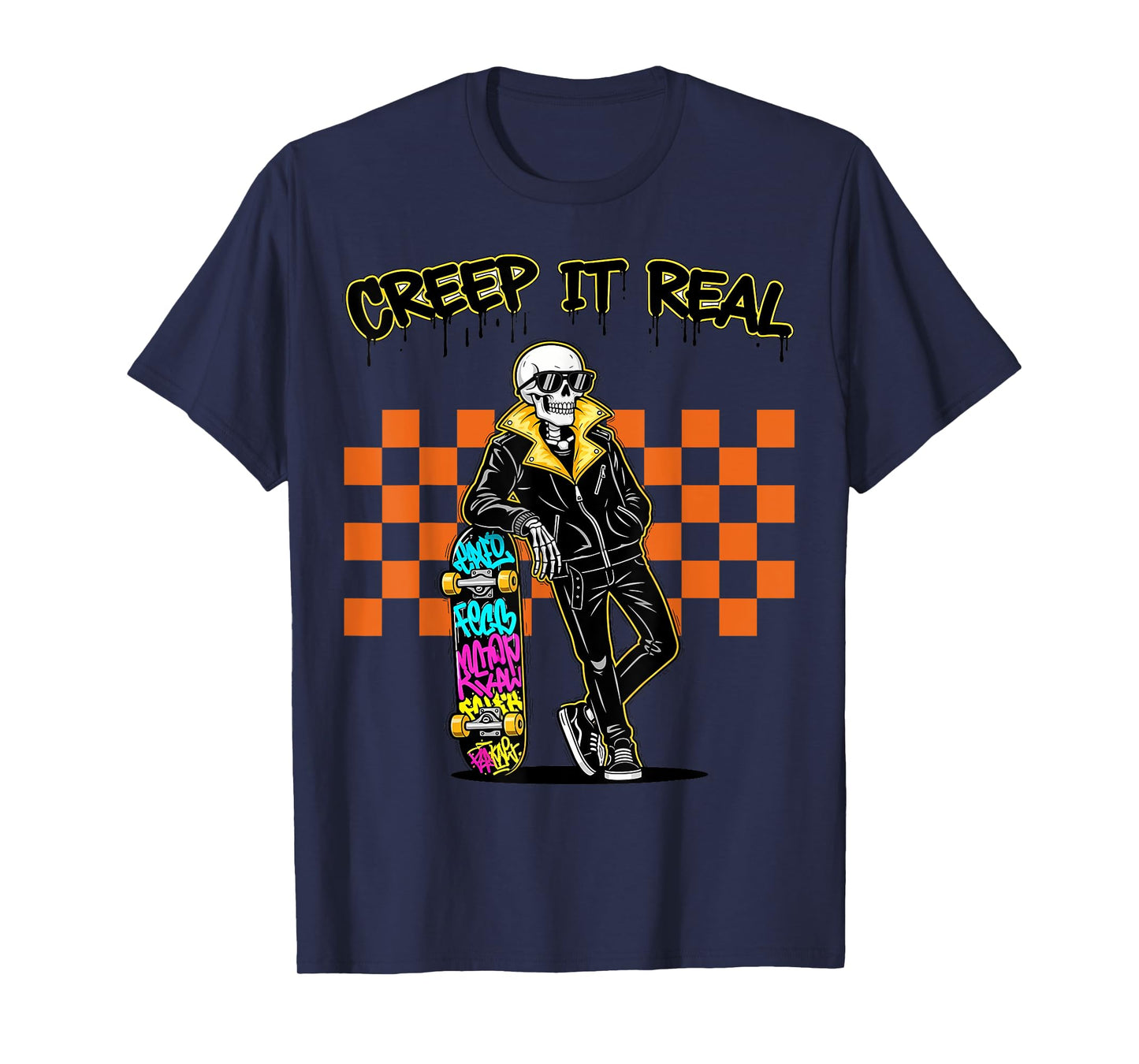 Creep It Real Spooky Ghost Skeleton Skateboarder Halloween T-Shirt