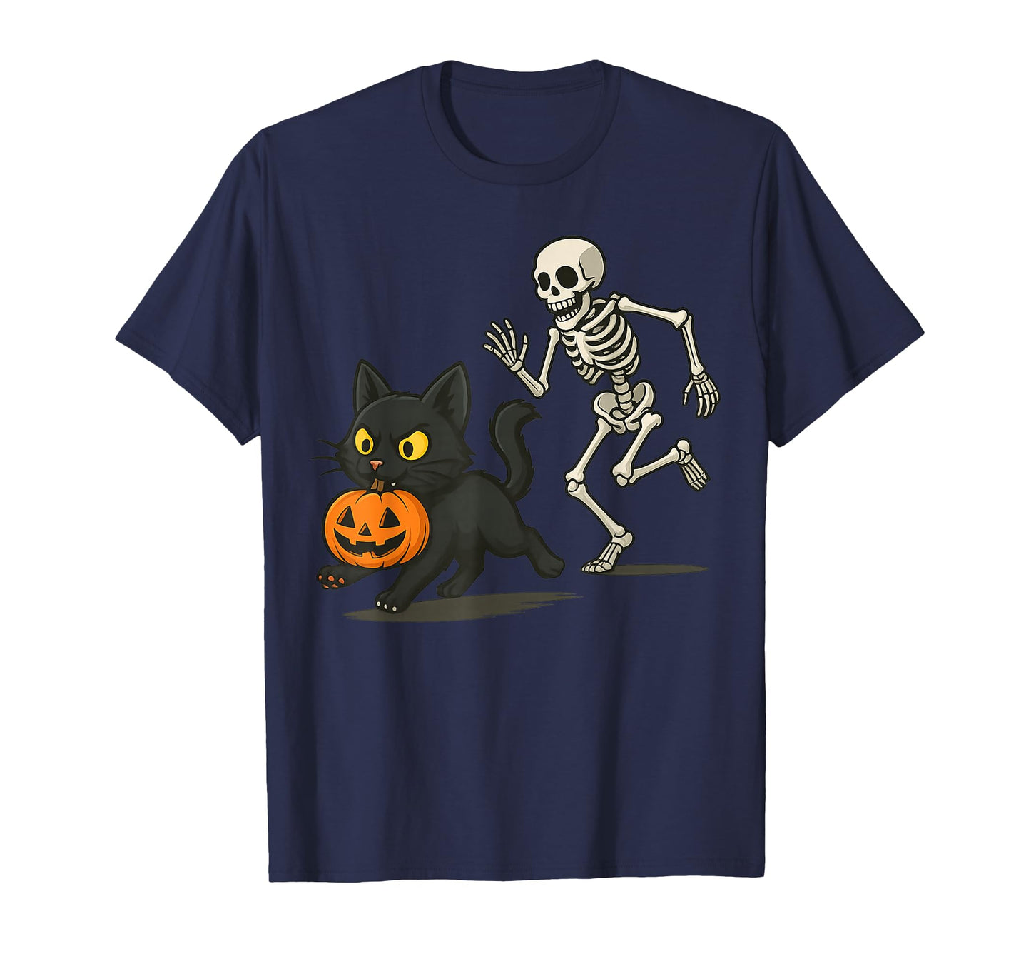 Funny Black Cat with Pumpkin and Skeleton Chase Design T-Shirt