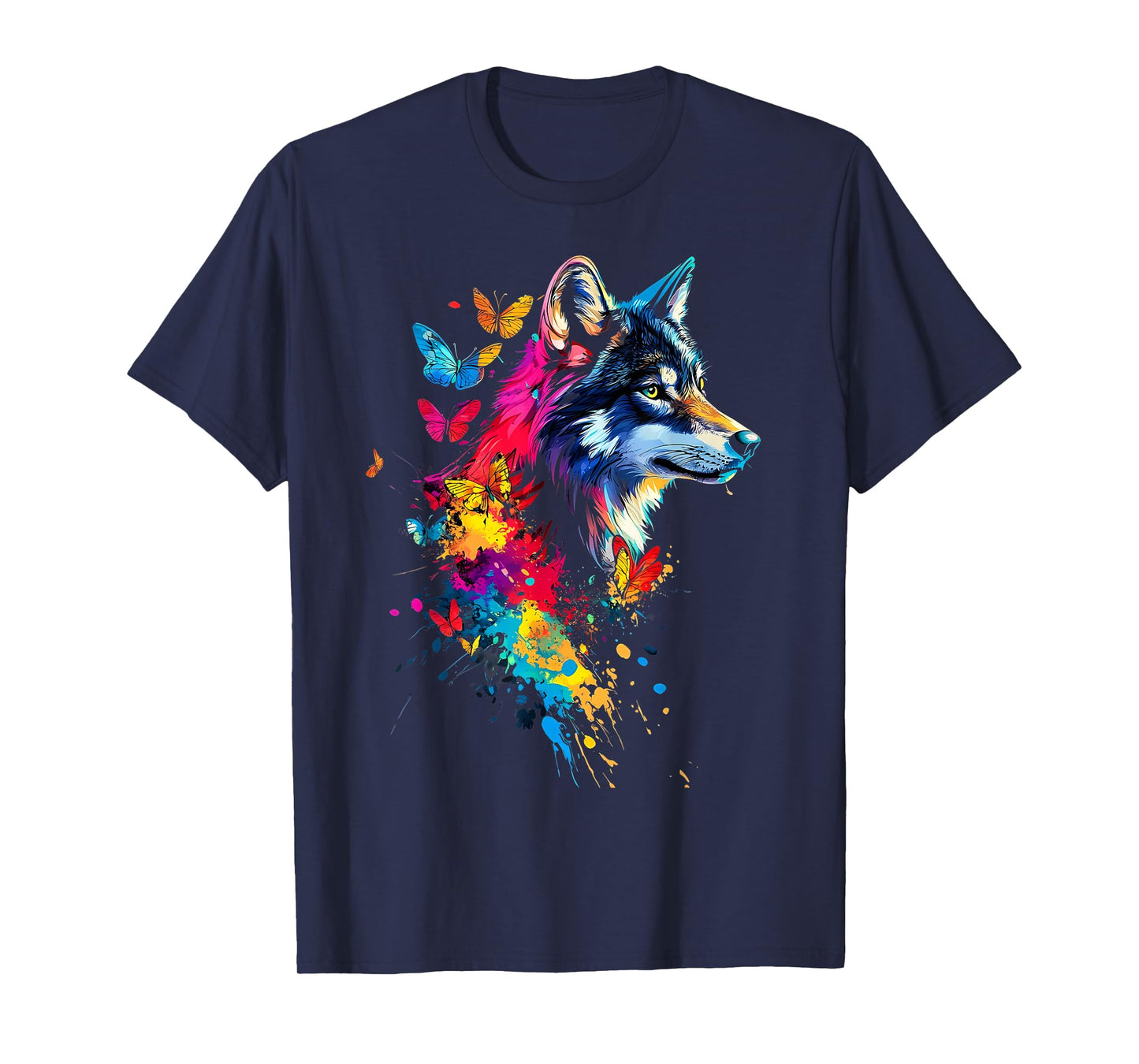 Wolf Colorful Butterflies Art T-Shirt