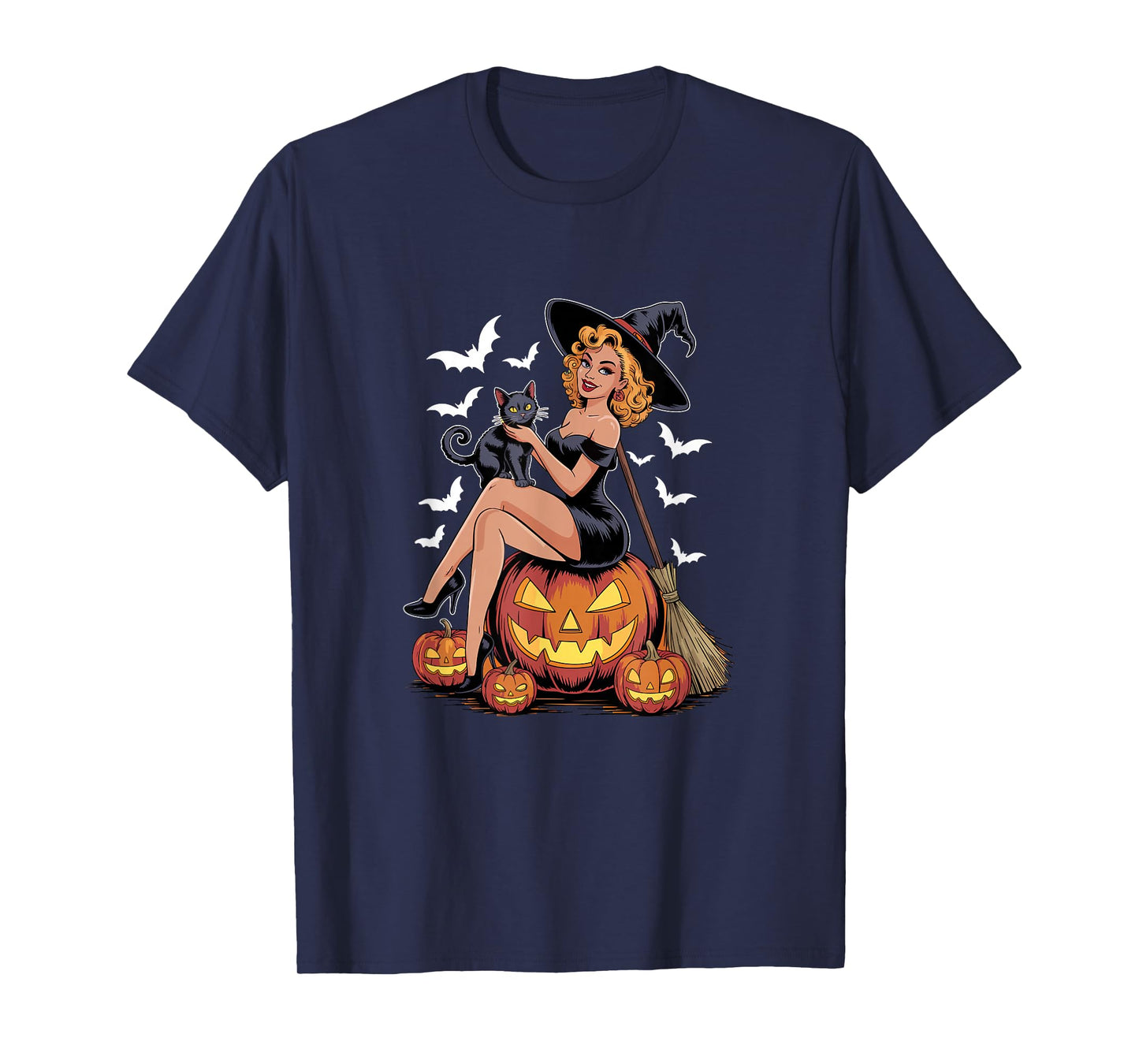 Witch On Horror Carved Pumpkins with Cat Halloween Women T-Shirt