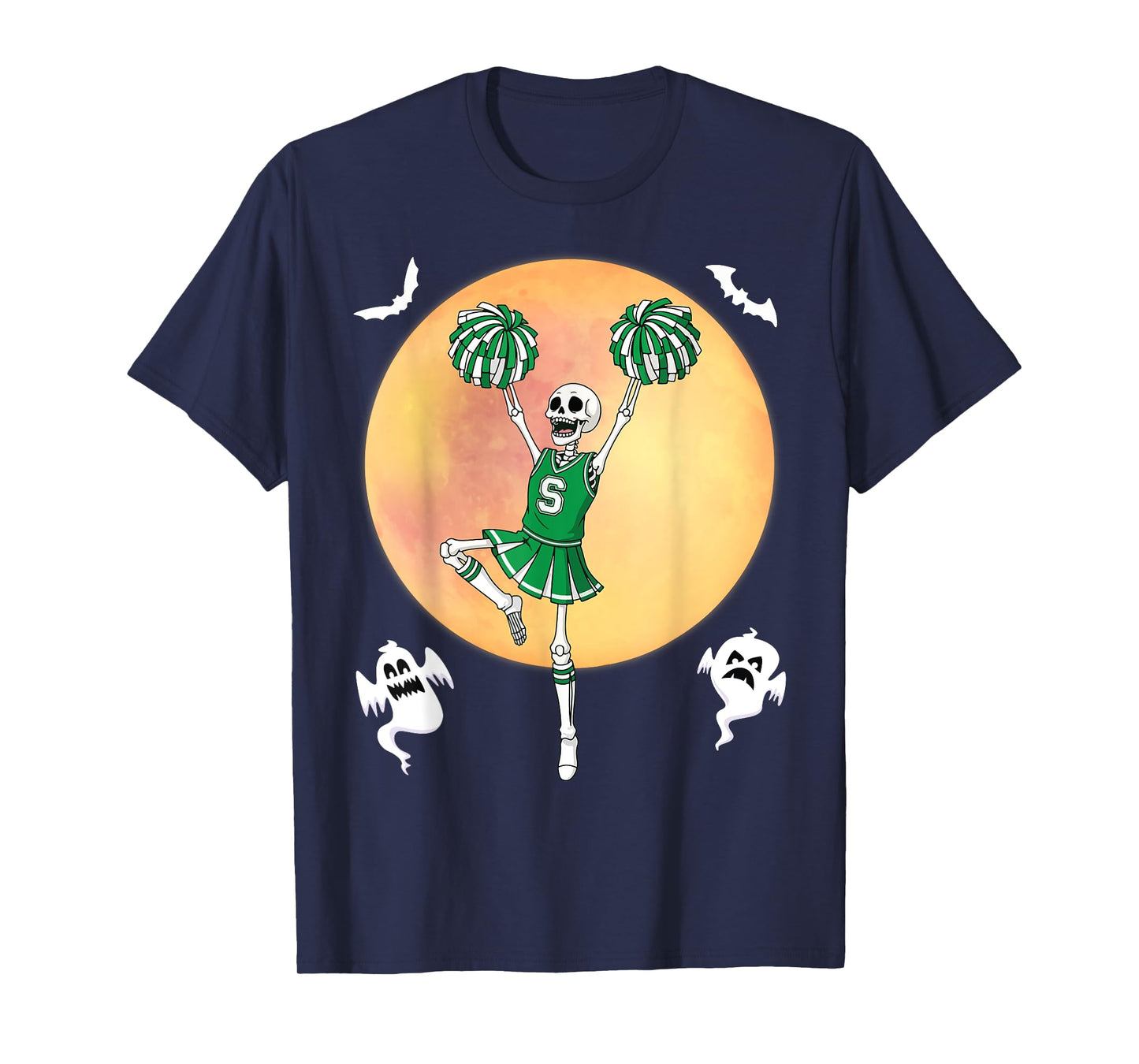 Skeleton Cheerleading Halloween Full Moon Spooky Cheerleader T-Shirt