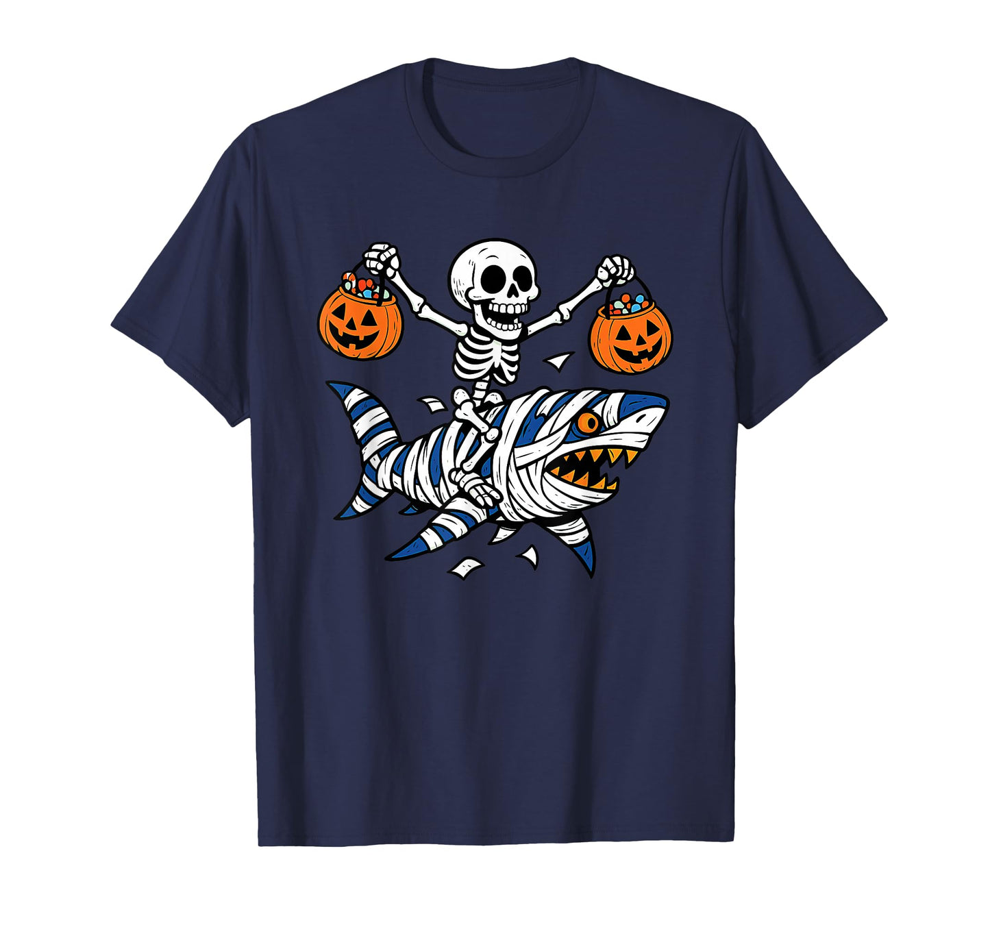 Skeleton Riding Mummy Shark Funny Halloween Shark Pumpkin T-Shirt