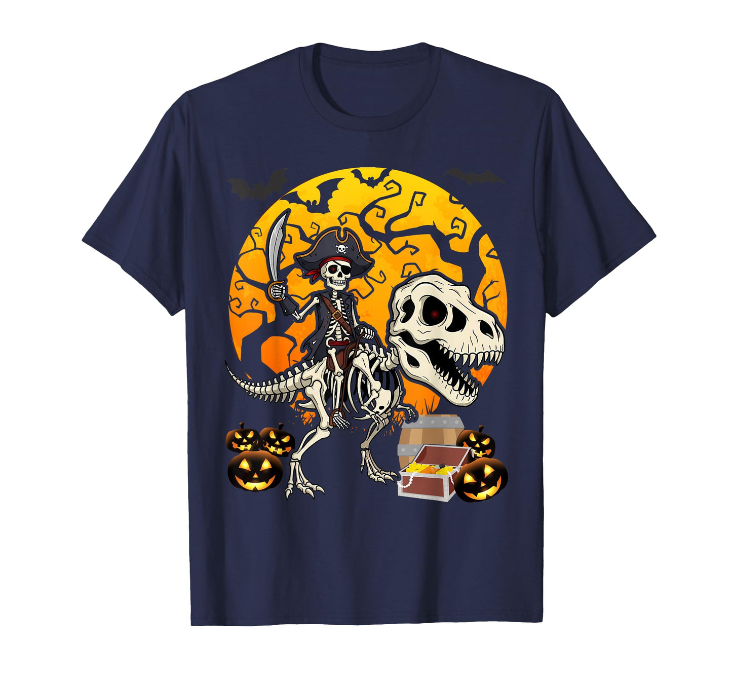 Skeleton Pirate Riding T-Rex Halloween Costume Dinosaur Boys T-Shirt