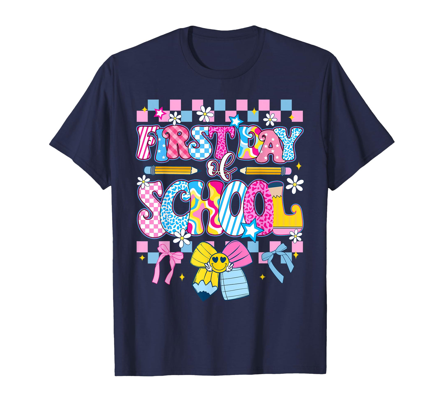 First Day Of School Checkered Leopard Bow Back To School Kid T-Shirt