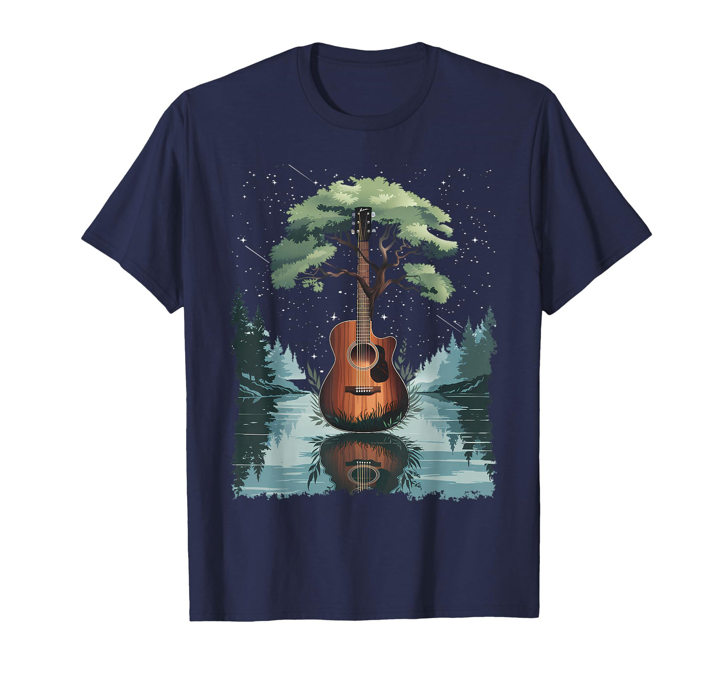 Acoustic Guitar Tree and Moon By The Lake Guitarist T-Shirt