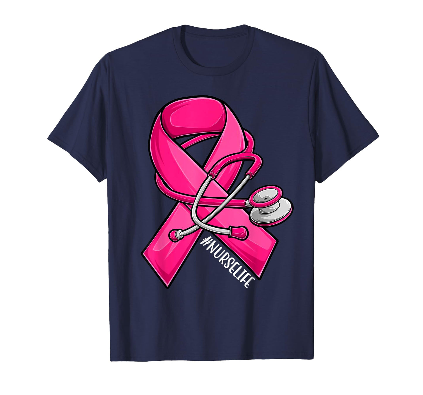 Pink Ribbon Stethoscope Nurse Life Breast Cancer Awareness T-Shirt
