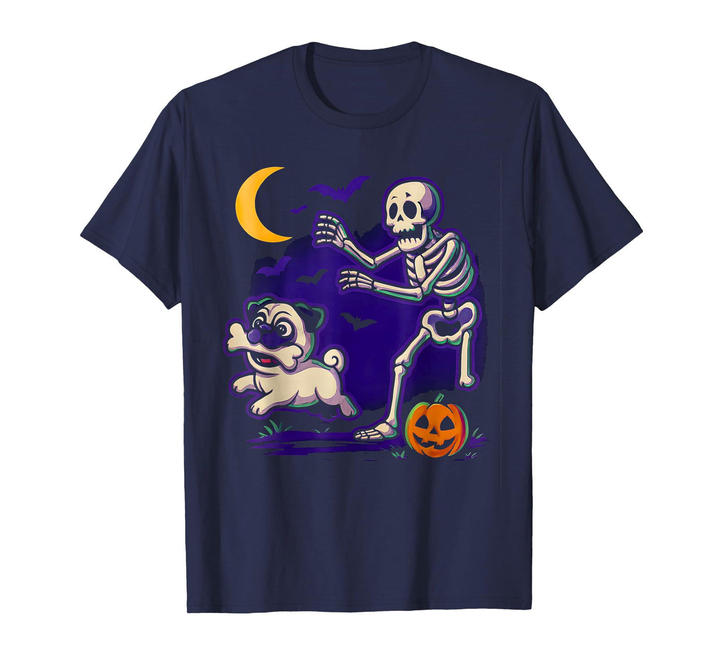 Halloween Funny Pug Steals Bone from Skeleton Dog Lovers Tee T-Shirt