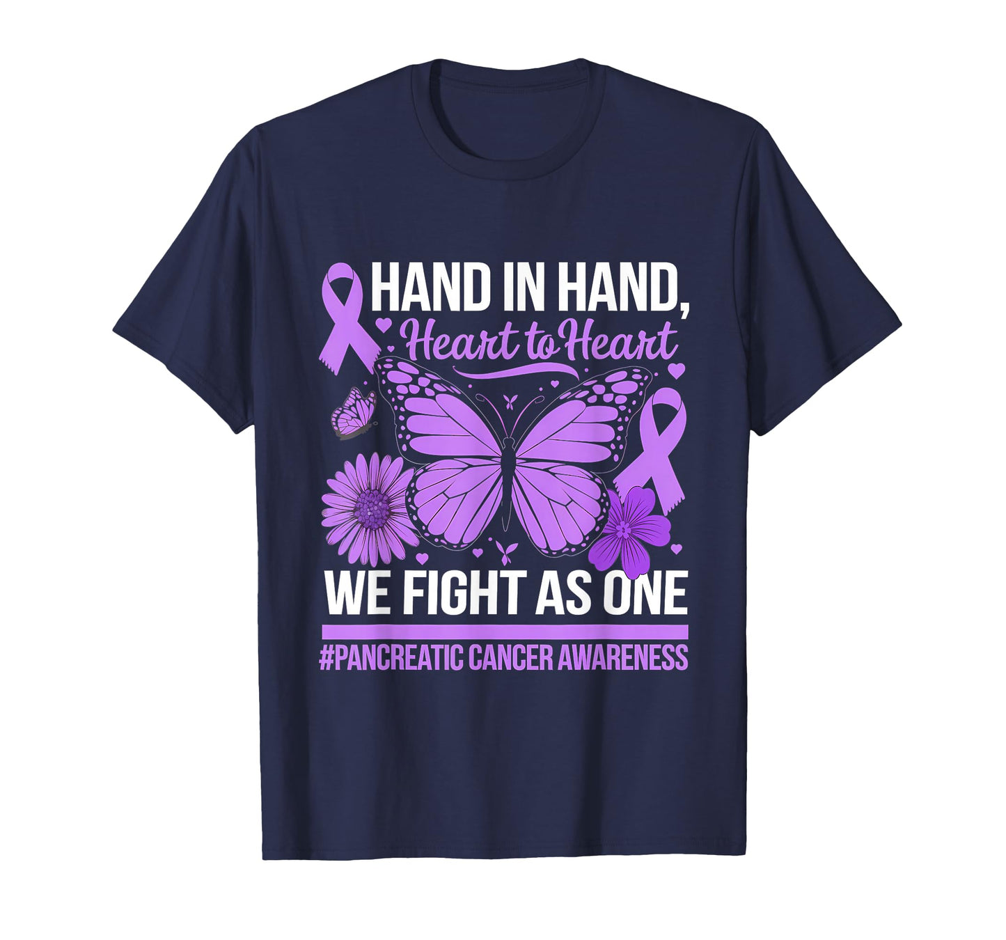 Pancreatic Cancer Awareness Hand In Hand Purple Ribbon T-Shirt