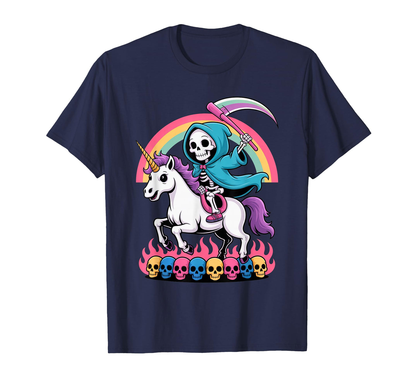 Skeleton Riding Unicorn Rainbow Fantasy Spooky Outfit T-Shirt