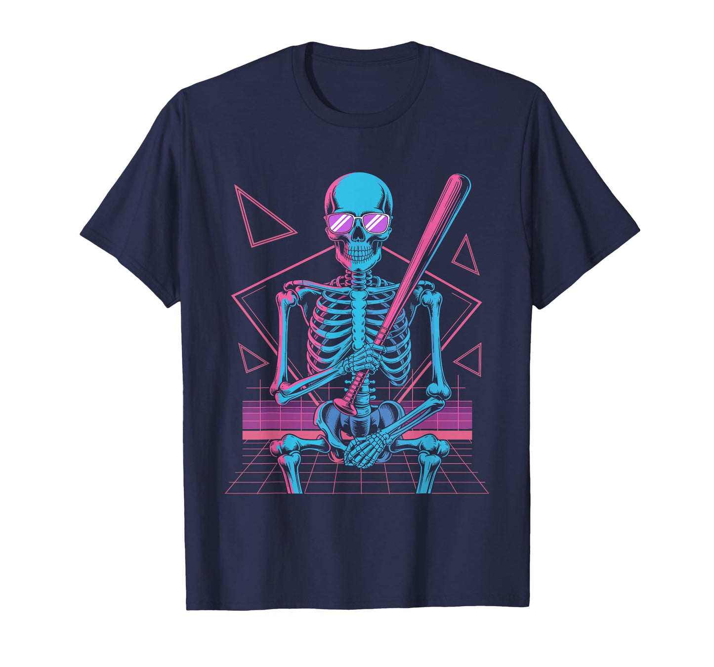 Retro 80s Skeleton Baseball Graphic Vaporwave Halloween T-Shirt
