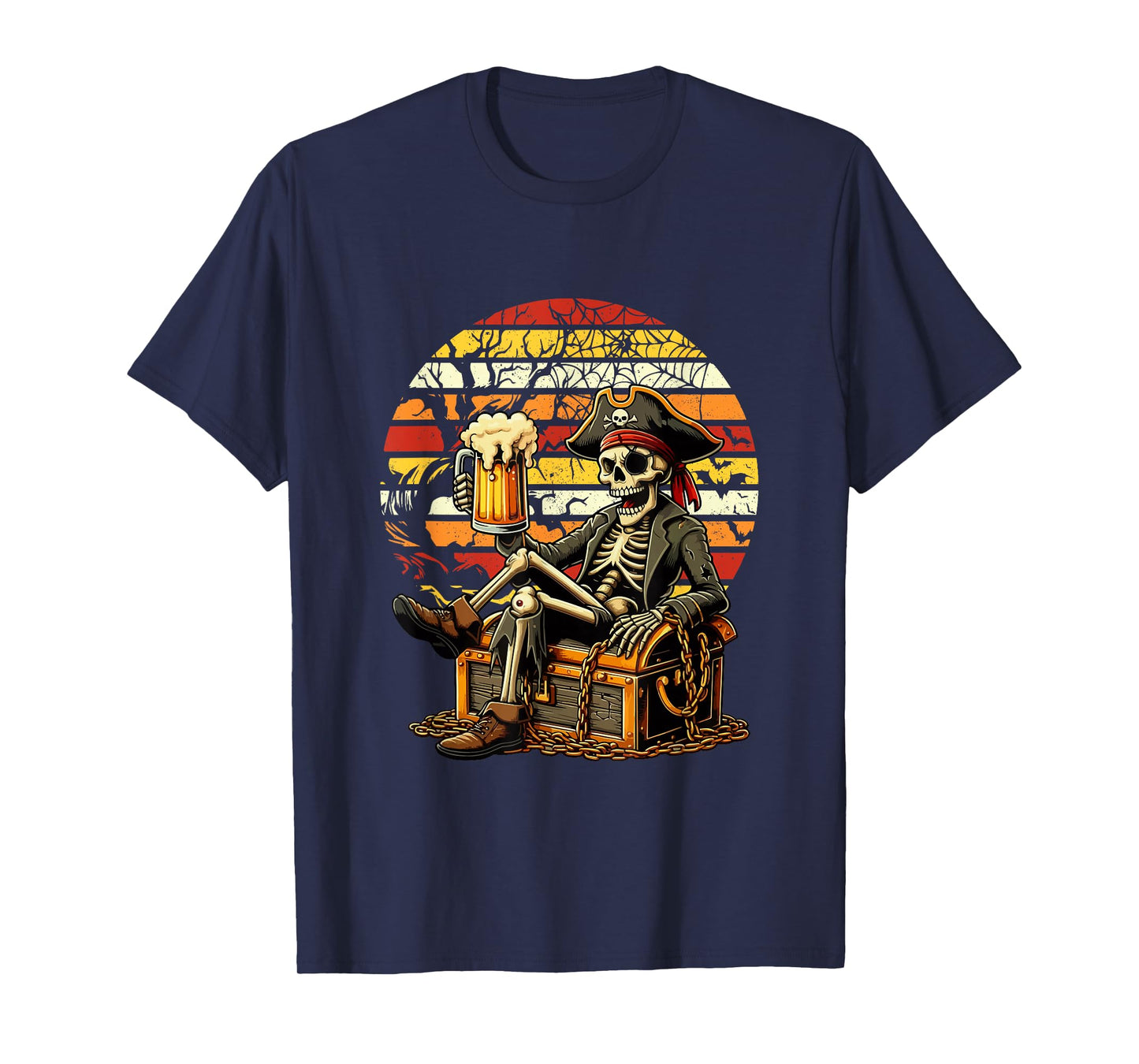 Vintage Retro Halloween Skeleton As Pirate Drinking Beer T-Shirt