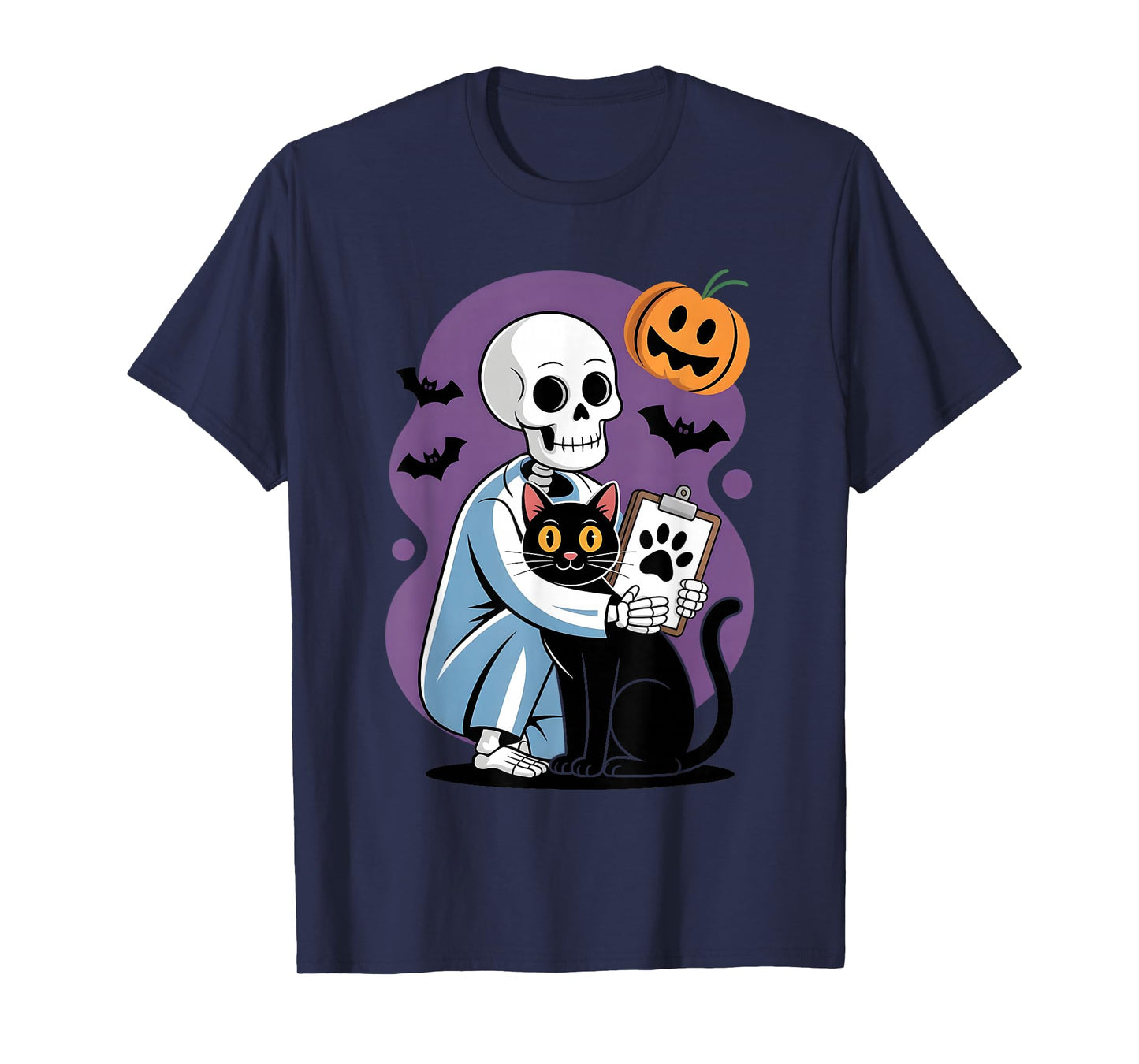 Skeleton Hugging Cat Funny Vet Cat Lover Halloween Men Women T-Shirt