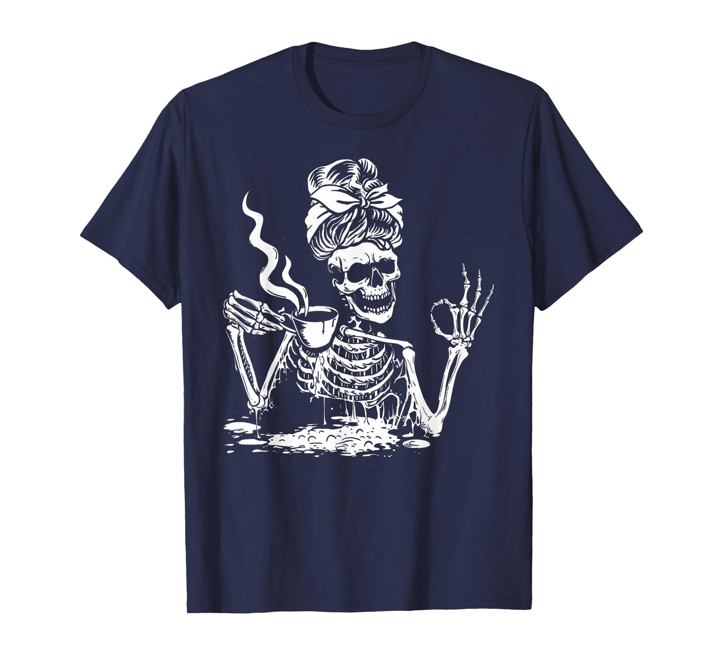 Skeleton Drinking Coffee Messy Bun Women Halloween Skeleton T-Shirt