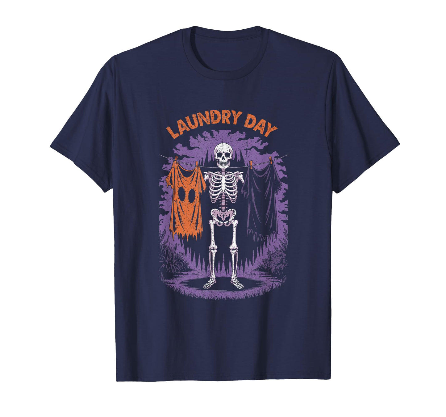 Skeleton Hanging Laundry with Ghost Sheet Funny Halloween T-Shirt
