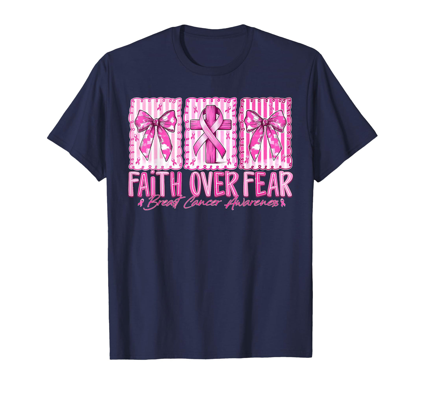Preppy Faith Over Fear Breast Cancer Bow Warrior Christian T-Shirt