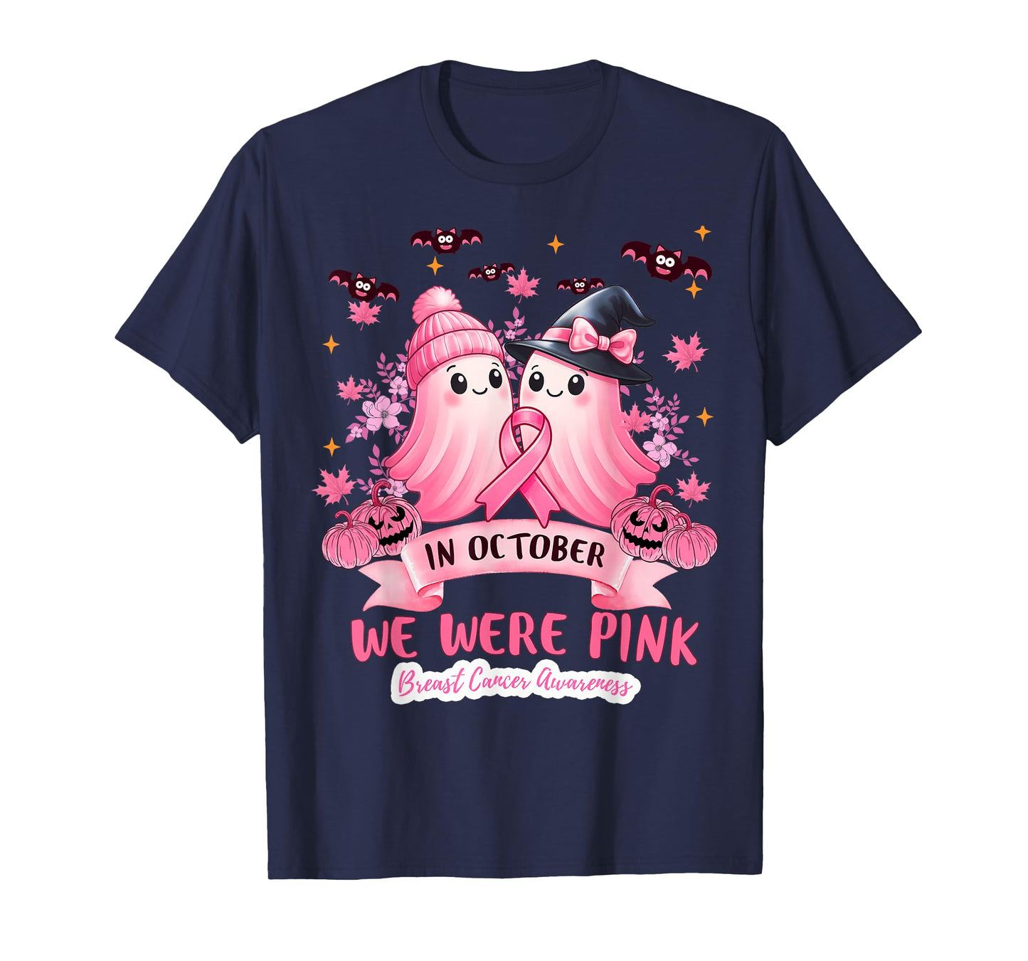 in October We Wear Pink Ghost Witch Breast Cancer Awareness T-Shirt