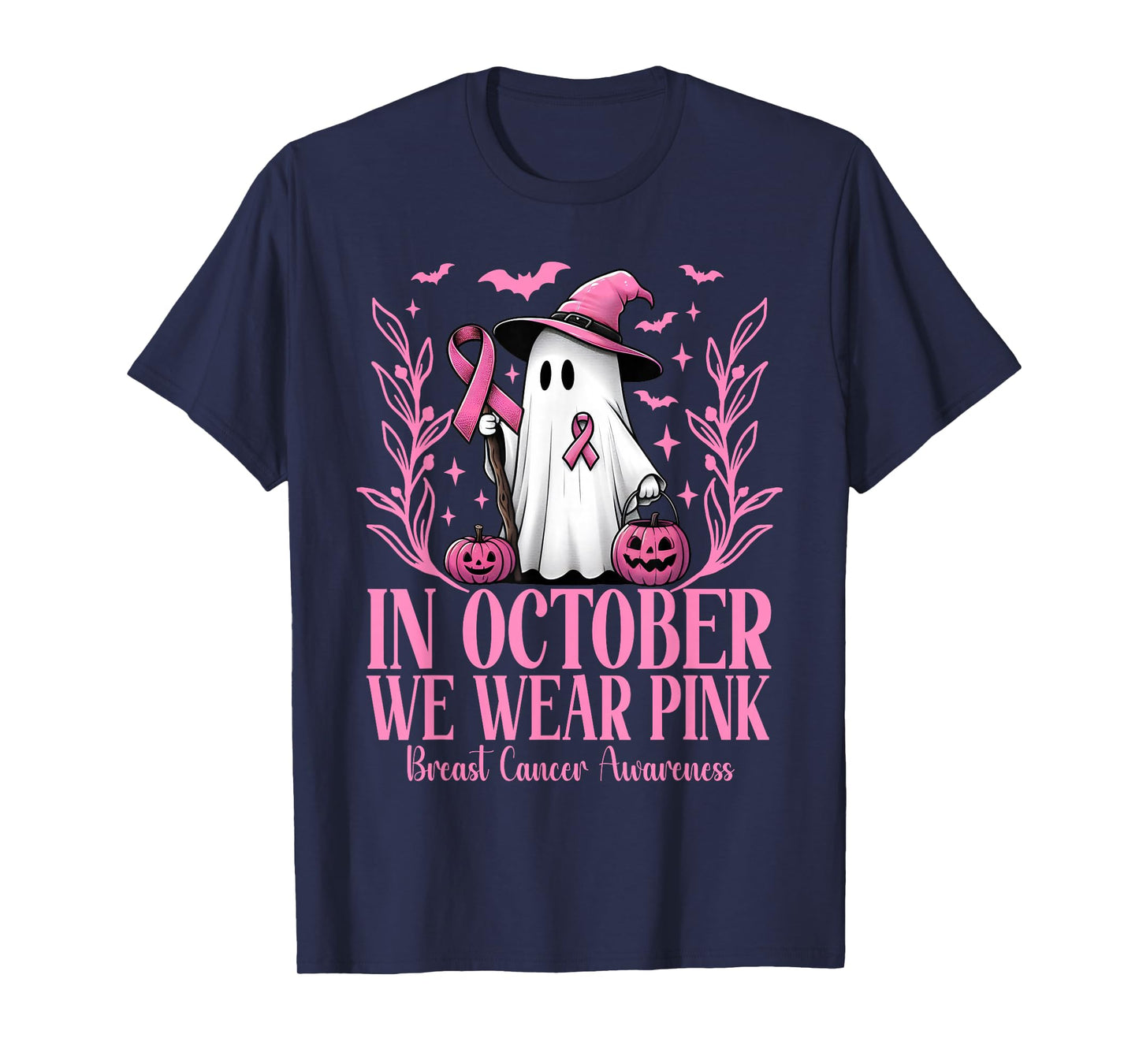 In October We Wear Pink Breast Cancer Witch Ghost Halloween T-Shirt