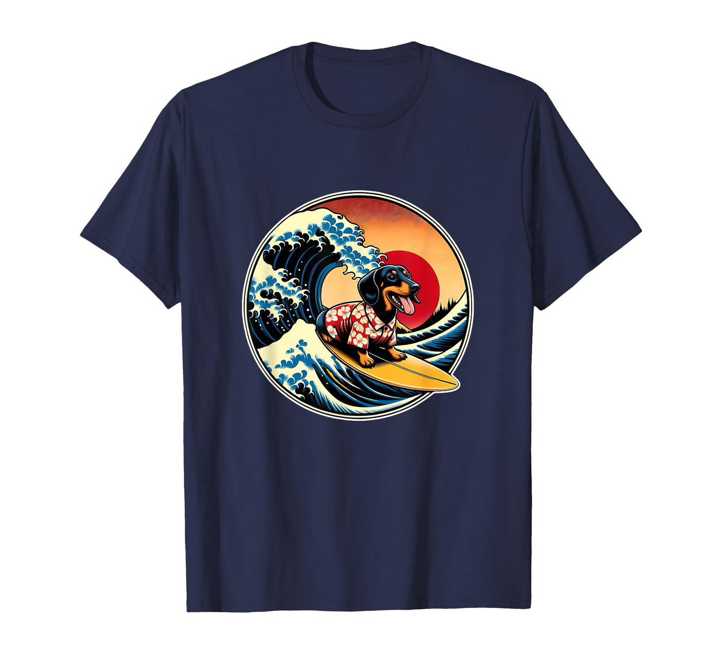 Great Wave Kanagawa Weiner Dachshund Dog Surfing Men Women Kids T-Shirt