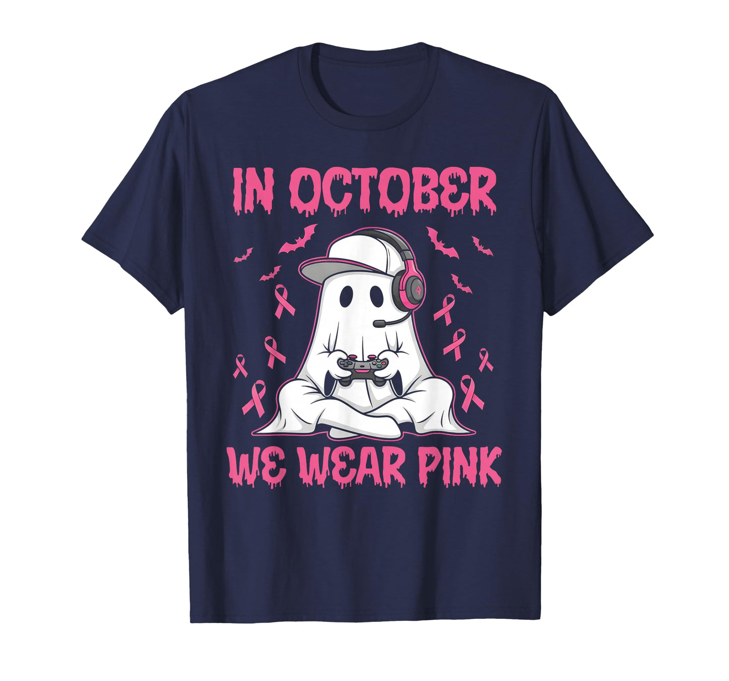 in October We Wear Pink Breast Cancer Gaming Ghost Youth T-Shirt