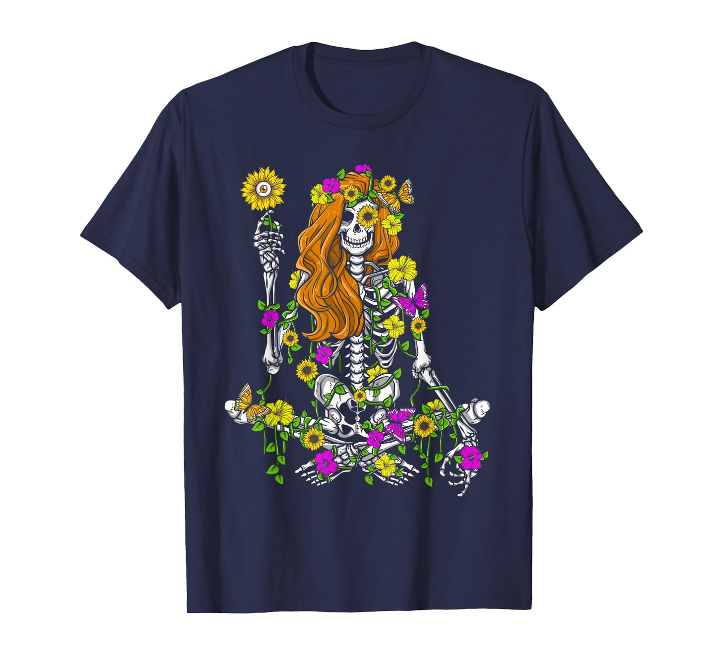 Skeleton Hippie Flowers Sunflower Lover Women Halloween T-Shirt