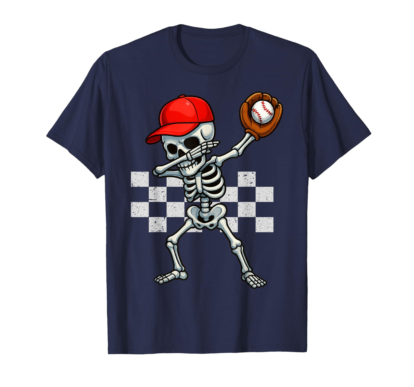 Baseball Skeleton Dabbing Checkered Sports Player T-Shirt