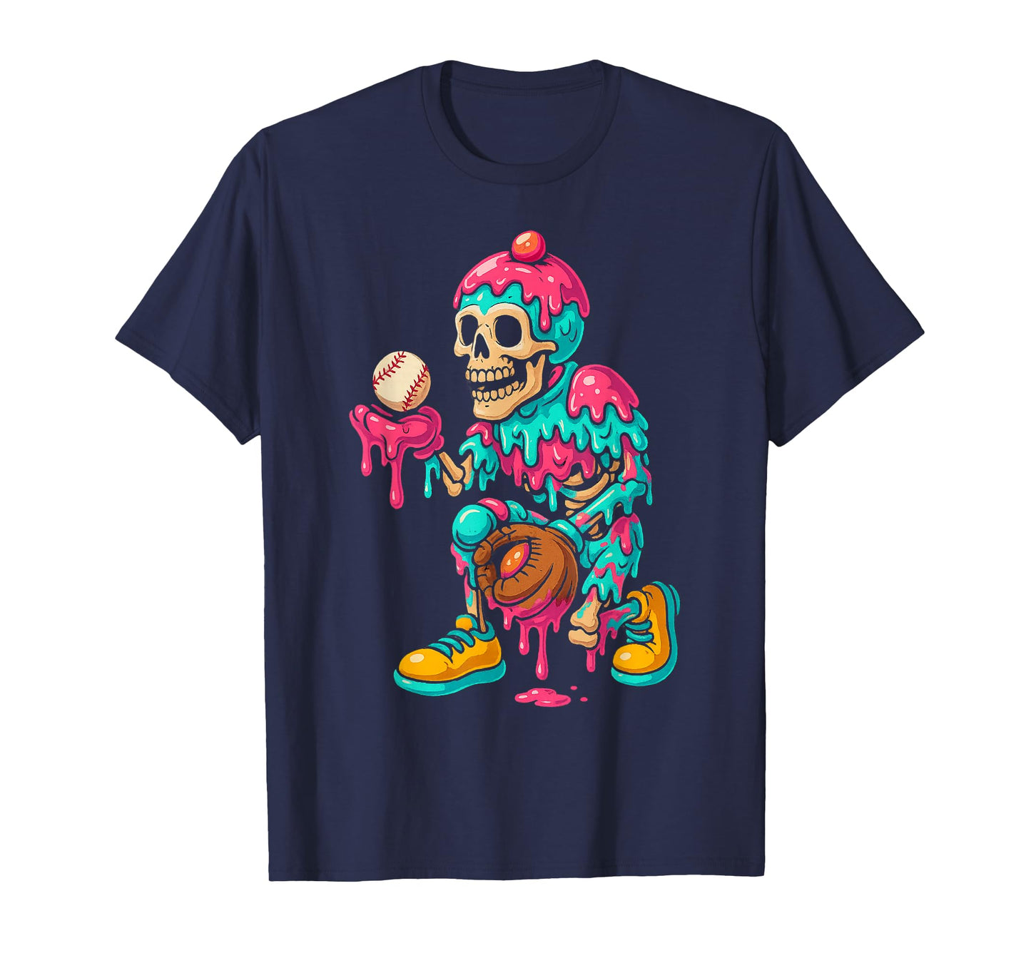 Skeleton Halloween Baseball Ice Cream Drip Spooky Boys Youth T-Shirt