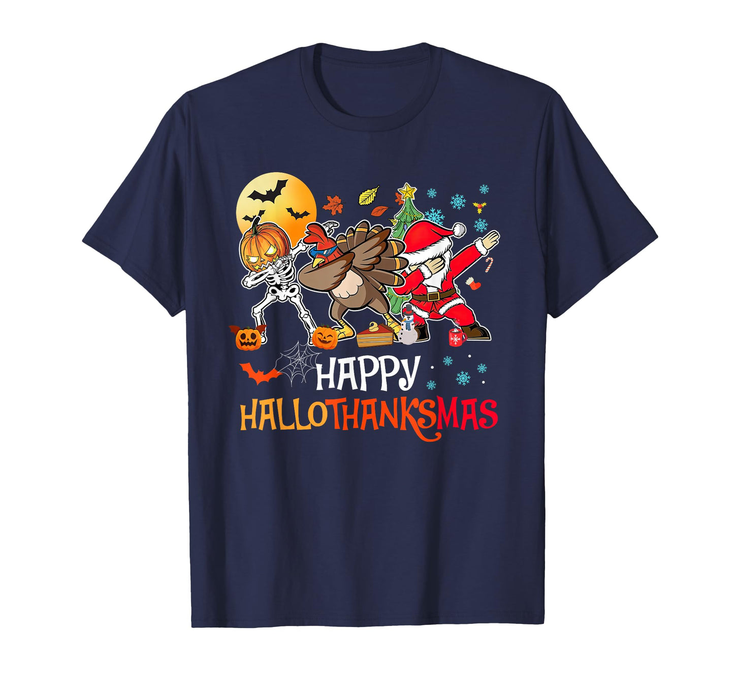 Happy Hallothanksmas Funny Dabbing Skeleton Turkey Santa T-Shirt