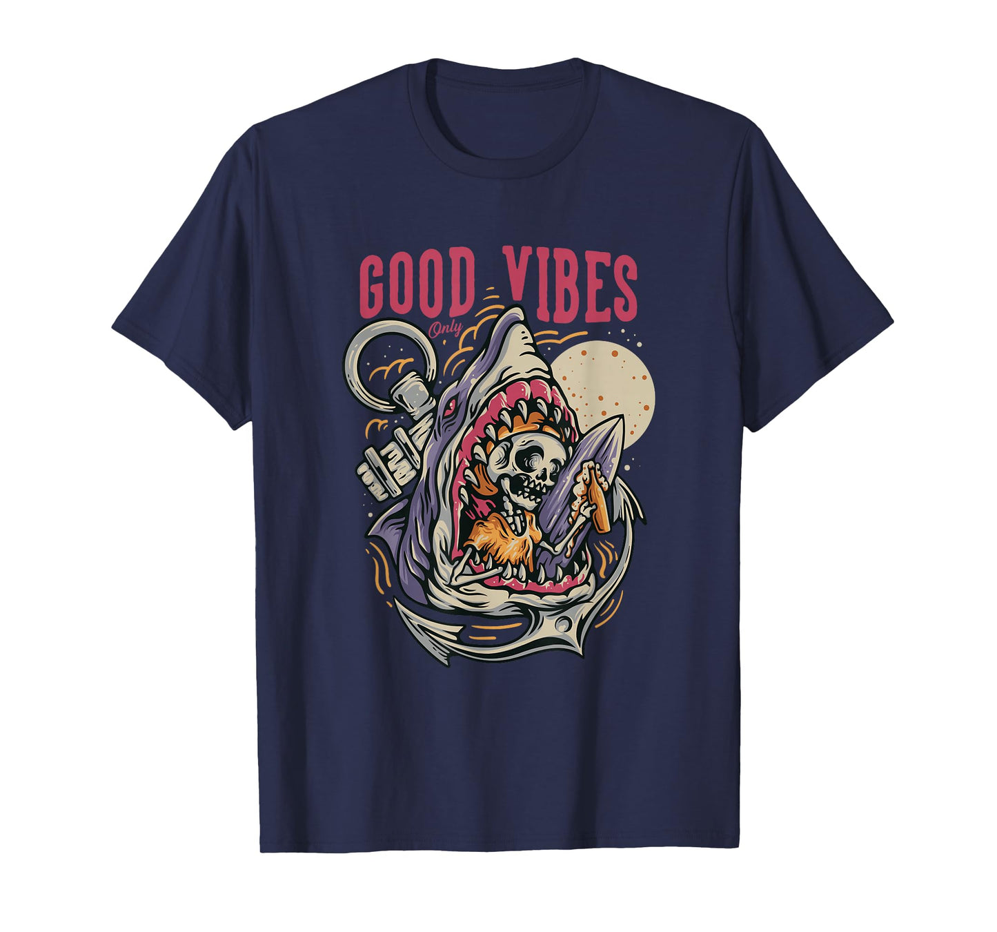 Good Funny Shark Eating Skeleton Surfer Vibes with Beer T-Shirt